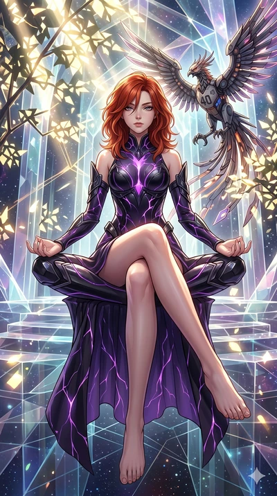 score_9, masterpiece, best quality, ultra-detailed, Set A: High-budget Anime Keyframe, Japanese woman. Low angle cowboy shot filling the entire 9:16 frame with her statuesque presence. Theme: Abstract Cosmic. meditating in a temple made of solid ligh