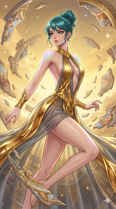 score_9, masterpiece, best quality, ultra-detailed, high-budget anime keyframe, Japanese woman. upper body close-up from the thighs up, character filling the screen for maximum presence. propelling herself off digital baroque ceiling fresco shards th