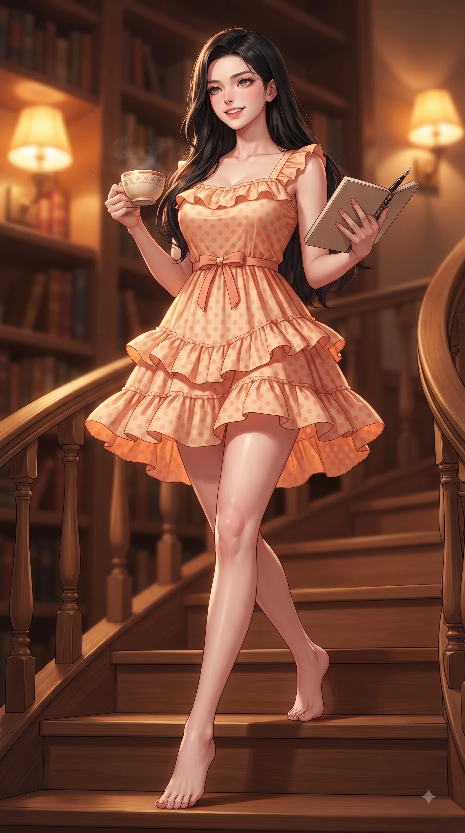 score_9, masterpiece, best quality, ultra-detailed, high-budget anime keyframe, editorial fashion photography, tasteful artistic composition, Korean woman. low angle full-body shot from head to toe showing her feet, filling the entire 9:16 vertical frame with her statuesque presence, stretching her vertical silhouette. pivoting dynamically with a fresh infectious smile, her ultra-slim waist creating a sweeping fluid curve while stepping down a polished wooden staircase carrying a cup of tea and a notebook with joyful grace. The composition keeps background elements in soft focus with dreamy bokeh. warm oak book stacks and glowing amber lamps blurred into cozy, creamy background bokeh. She has an absolutely perfect, statuesque 8.5-heads proportion, an exceptionally tall and slender model-like female figure with impossibly long slender legs and an ultra-slim waist. sharp v-shaped jawline, high-bridge nose, intricate jewel-like eyes with depth, thick eyelashes, glossy lips with a natural sheen, flawlessly proportioned anatomical accuracy, natural body alignment, perfectly sculpted elegant limbs, clean dynamic posture without body distortion. wearing a bright apricot ruffled sundress with a subtle polka-dot pattern in peach blossom pink and warm oatmeal, tailored from crisp cotton poplin, accented with a dainty waist ribbon bow, the chic real-way fashion cut emphasizing her effortless charm. illuminated by soft glowing amber indoor lamps and warm wood reflections. ultra-reflective glossy finish, specular highlights, metallic sheen, high-contrast stereoscopic depth, volumetric dynamic lighting, 2k, ultra detail, master piece, 9:16 ratio