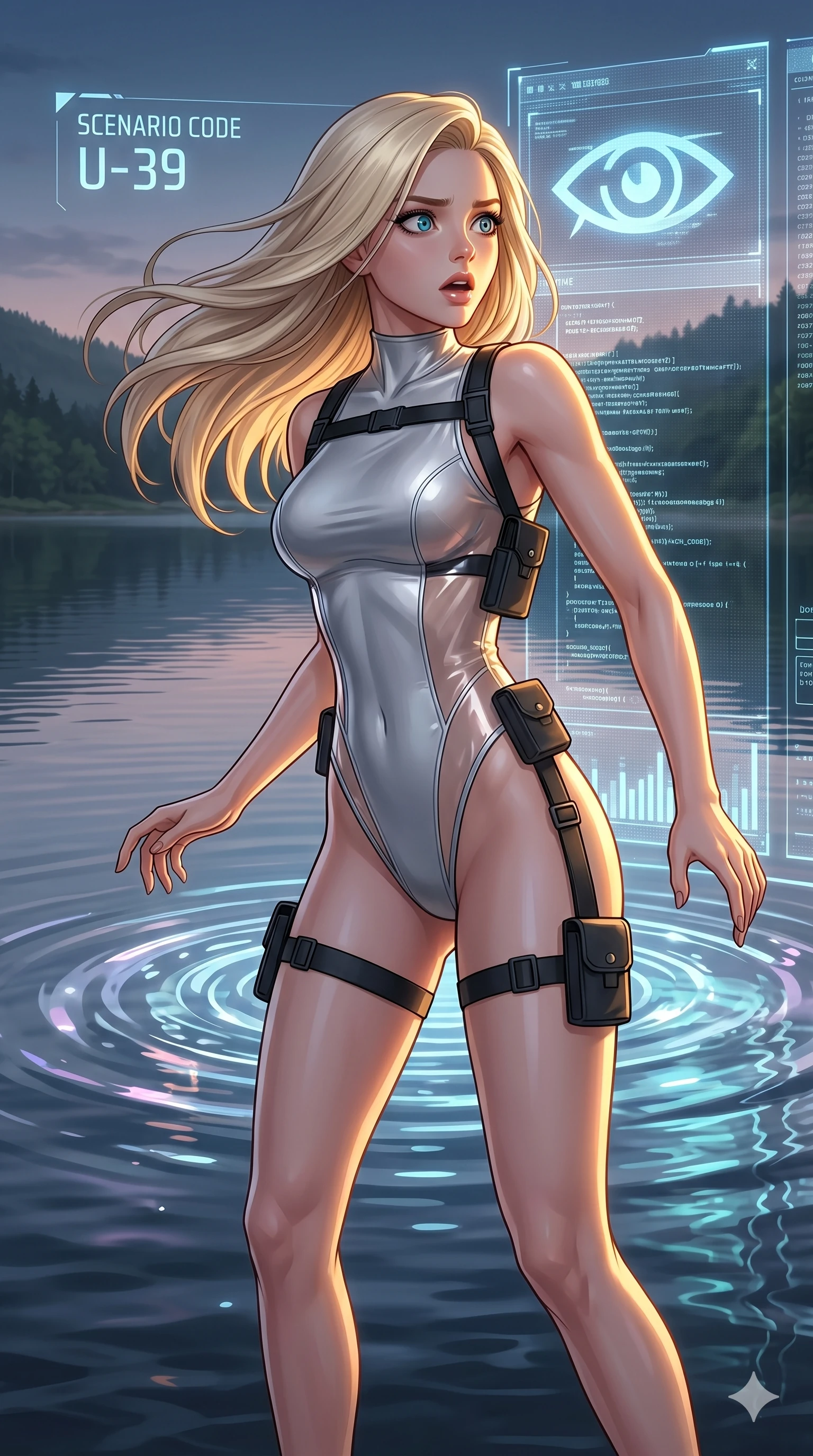 score_9, masterpiece, best quality, ultra-detailed, high-budget anime keyframe, editorial fashion photography, tasteful artistic composition, Caucasian woman, strictly human ears. cowboy shot from the thighs up, character and outfit filling the frame for maximum editorial presence. recoiling with a startled gaze, her posture tensed and athletic build alert with energy by a quiet lakeside when a giant digital projection appears on the water (Scenario Code U-39). She has an absolutely perfect 8-heads proportion, an exceptionally tall and slender female figure with impossibly long slender legs and an ultra-slim waist. V-shaped jawline, high-bridge nose, intricate jewel-like eyes with depth, thick eyelashes, glossy lips with a natural sheen. wearing a high-cut silver fitted unitard with translucent PVC side panels and black utility straps. drenched in a sharp golden key light that highlights her surprised facial expression. 2k, ultra detail, master piece, 9:16 ratio