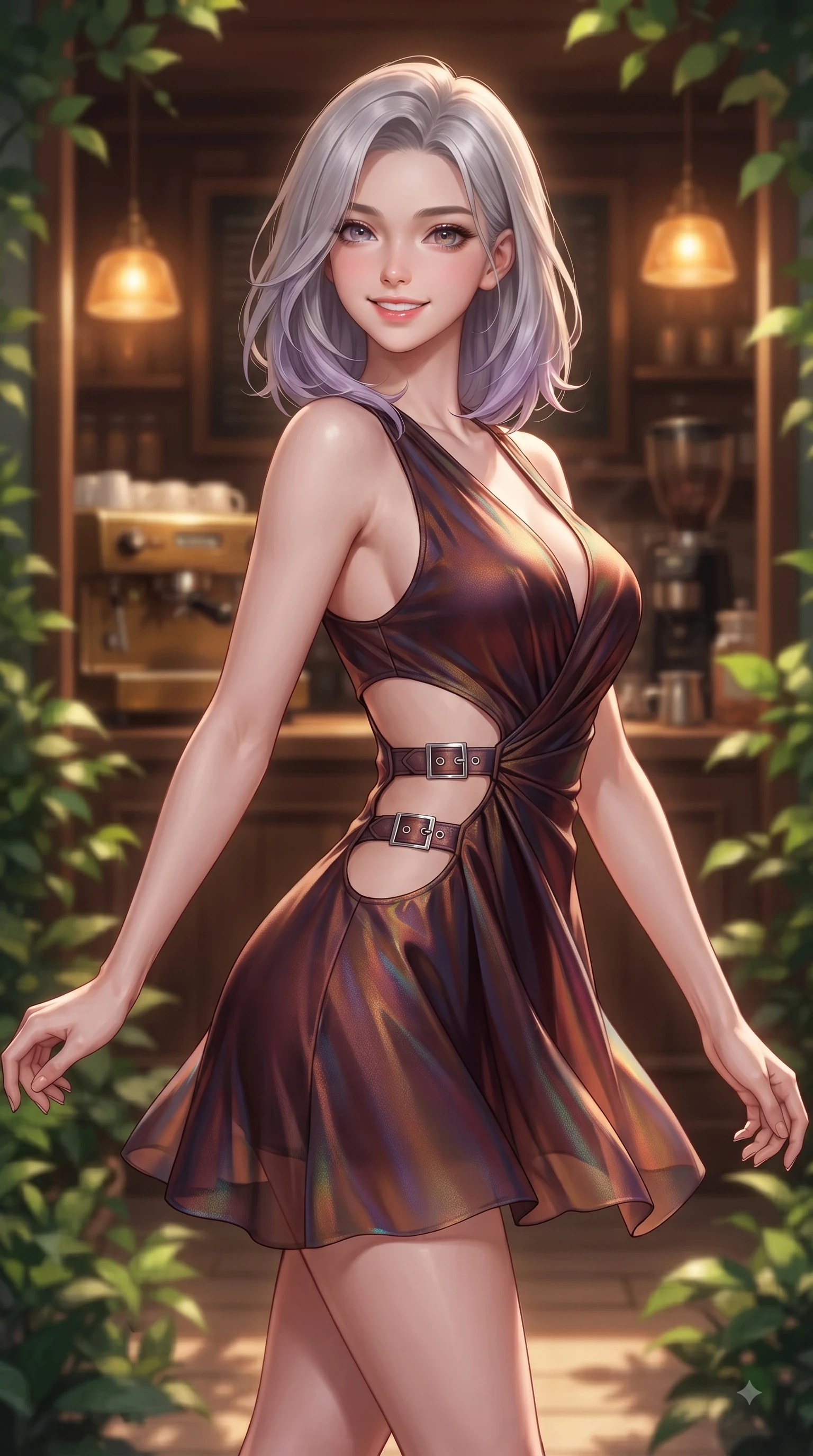 score_9, masterpiece, best quality, ultra-detailed, high-budget anime keyframe, editorial fashion photography, tasteful artistic composition, Caucasian woman. close-up cowboy shot from the waist and thighs up, the character dominates the composition, filling the frame with her large presence, background elements kept in soft focus. Youthful bright smile exuding pure cute charm and fresh energy, her torso turning dynamically into the lens while pivoting gracefully on a secluded wooden cafe terrace enveloped by lush green garden foliage, warm oak wood interior and brass coffee machines reflecting soft golden ambient lamps. She has an exceptionally elegant, slender, and willowy female figure with an ultra-slim waist, a gracefully sculpted slender torso, and a refined silhouette. sharp v-shaped jawline, high-bridge nose, intricate jewel-like eyes with depth, thick eyelashes, glossy lips with a natural sheen, flawlessly proportioned anatomical accuracy, natural body alignment, perfectly sculpted elegant limbs, clean dynamic posture without body distortion. wearing a dramatic open-waist cutout mini dress framed by sculptural hardware in deep burgundy and bronze, crafted from iridescent chiffon that shifts colors in the light, detailed with polished silver buckles along the waistline, the tailored fabric tightly following every curve of her athletic build. illuminated by soft glowing amber indoor lamps and gentle greenery reflections. ultra-reflective glossy finish, specular highlights, metallic sheen, high-contrast stereoscopic depth, volumetric dynamic lighting, 2k, ultra detail, master piece, 9:16 ratio