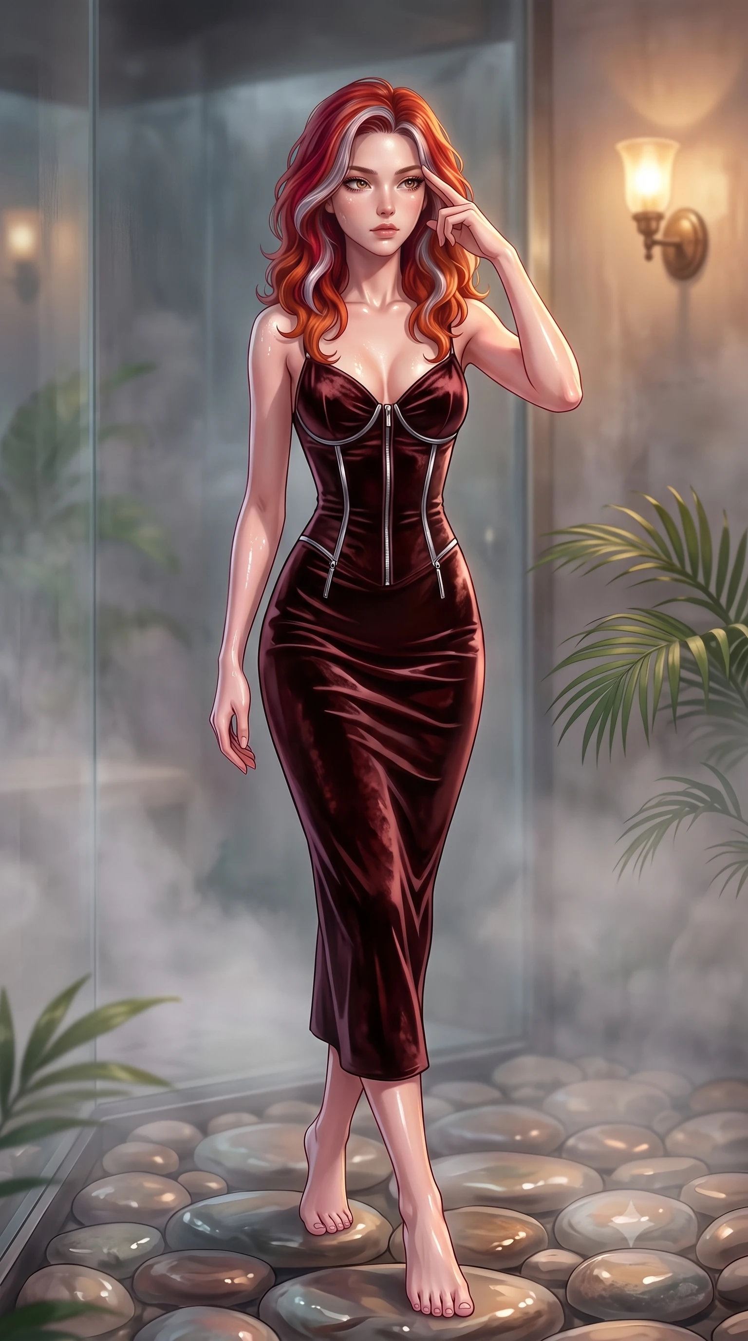 score_9, masterpiece, best quality, ultra-detailed, high-budget anime keyframe, editorial fashion photography, tasteful artistic composition, Caucasian woman. close-up cowboy shot from the waist and thighs up, the character dominates the composition, filling the frame with her large presence, background elements kept in soft focus. Pressing two fingers to her temple in a composed, sharp thoughtful gesture, stepping gracefully across smooth river stones in a private glass steam room, dewy natural skin texture glistened under warm ambient sconce rays. She has an exceptionally elegant, slender, and willowy female figure with an ultra-slim waist, a gracefully sculpted slender torso, and a refined silhouette. sharp v-shaped jawline, high-bridge nose, intricate jewel-like eyes with depth, thick eyelashes, glossy lips with a natural sheen. wearing form-contouring dark crimson liquid silk long slip dress in dark mahogany, made of crushed dark silk velvet, finished with metallic silver boning and sleek zipper points, the fitted fabric emphasizing her ultra-slim waist. surrounded by a moody, intimate glow with sharp specular skin highlights. highly saturated vibrant anime colors, detailed shading with soft gradients, rich glossy textures, high-contrast stereoscopic depth, volumetric dynamic lighting, master piece, 9:16 ratio