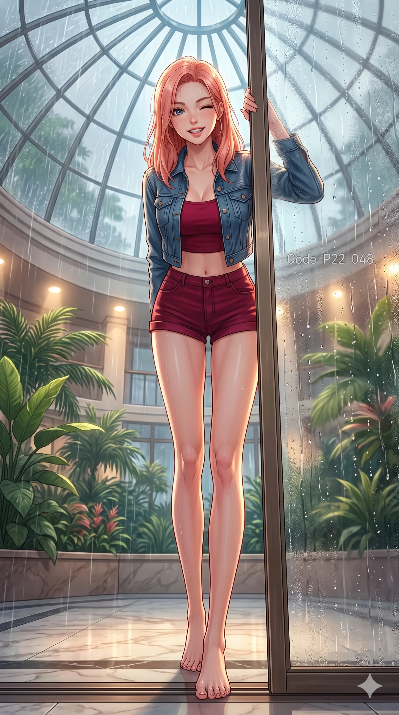 score_9, masterpiece, best quality, ultra-detailed, high-budget anime keyframe, vibrant anime aesthetic, Japanese woman. low angle full-body shot from head to toe showing her feet, filling the entire 9:16 vertical frame with her statuesque presence, stretching her vertical silhouette. She is peering through a rain-streaked window, winking with a playful grin, gazing softly at the camera lens under the glass conservatory dome. inside a modern glass atrium of a hotel lobby filled with tropical plants and warm spotlights, looking at a rain shower (Code-P22-048). She has an absolutely perfect 8-heads proportion, an exceptionally tall and slender female figure with impossibly long slender legs and an ultra-slim waist. V-shaped jawline, high-bridge nose, intricate jewel-like eyes with depth, thick eyelashes, glossy lips with a natural sheen. wearing a cropped denim jacket over a fitted crop top and short-shorts in deep crimson. She is drenched in soft daylight filtering through rain-streaked glass panels, highlighting her V-shaped jawline in the cozy indoor garden. 2k, ultra detail, master piece, 9:16 ratio