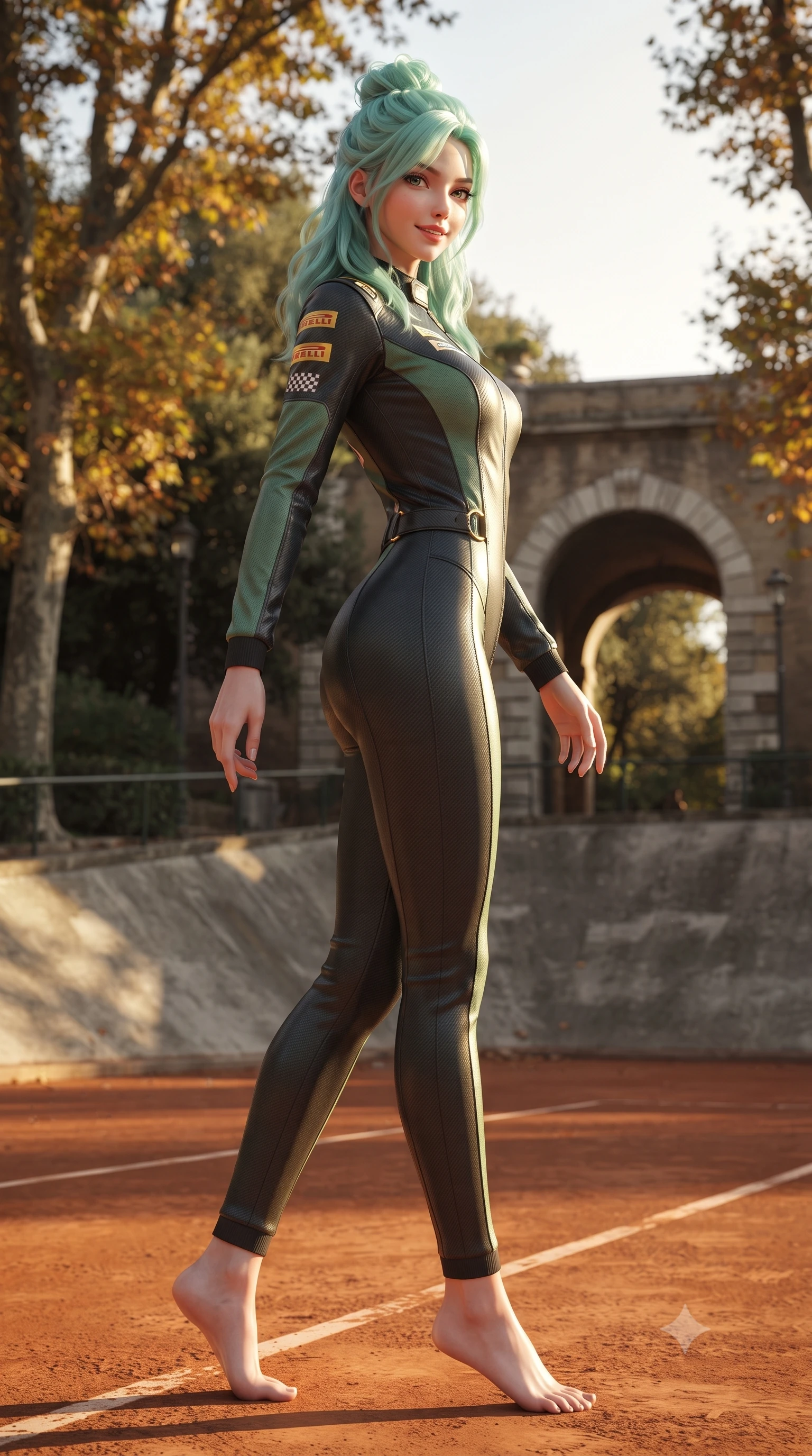 score_9, masterpiece, best quality, ultra-detailed, high-budget anime keyframe, editorial fashion photography, tasteful artistic composition, Japanese woman. low angle full-body shot from head to toe showing her feet, filling the entire 9:16 vertical frame with her statuesque presence, stretching her vertical silhouette. walking slowly along the clay court baseline, looking back over her shoulder with an air of effortless grace and an alluring, smoldering smile while twisting her slender torso in an alluring S-curve on the dramatic incline, ancient park trees and autumn leaves framing her hourglass curves. The surrounding environment is rendered in vivid detail and crisp panoramic clarity: detailed retro leather suit texture, golden afternoon sun on skin, and historic Italian circuit craftsmanship in high resolution. She has an absolutely perfect, statuesque 8.5-heads proportion, an exceptionally tall and slender model-like female figure with impossibly long slender legs, an ultra-slim waist, a flat toned midriff, narrow delicate ribcage, and beautifully sculpted feminine hips creating a graceful, slim hourglass silhouette without any bulky heaviness. sharp v-shaped jawline, high-bridge nose, sparkling eyes with athletic focus and depth, thick curled eyelashes, glossy parted lips with a natural coral-peach sheen, bright confident and coquettish smile with alluring bedroom-eyes, exuding both youthful sporty vigor and sovereign high-society glamour, flawlessly proportioned anatomical accuracy, strict slender model proportions, natural body alignment, perfectly sculpted long slender limbs, ultra-slim waistline, clean dynamic posture without body distortion. wearing a high-performance speeder racing suit in matte black and Wimbledon green with gold hardware rings in warm oatmeal beige and deep Ferrari yellow, tailored from lightweight aerodynamic carbon-fiber composite with structured weave, finished with contrasting racing stripe tape and subtle checkered flag embroidery, the form-contouring athletic cut accentuating her sculpted flat midriff, narrow delicate ribcage, and gracefully curvy hips with supermodel precision. illuminated by concrete banking bounce and sharp golden rim lights sculpting her razor-sharp jawline, narrow waist, and curvy hips. ultra-reflective glossy finish, specular highlights, rich textural contrasts, high-contrast stereoscopic depth, volumetric dynamic lighting, 2k, ultra detail, master piece, 9:16 ratio