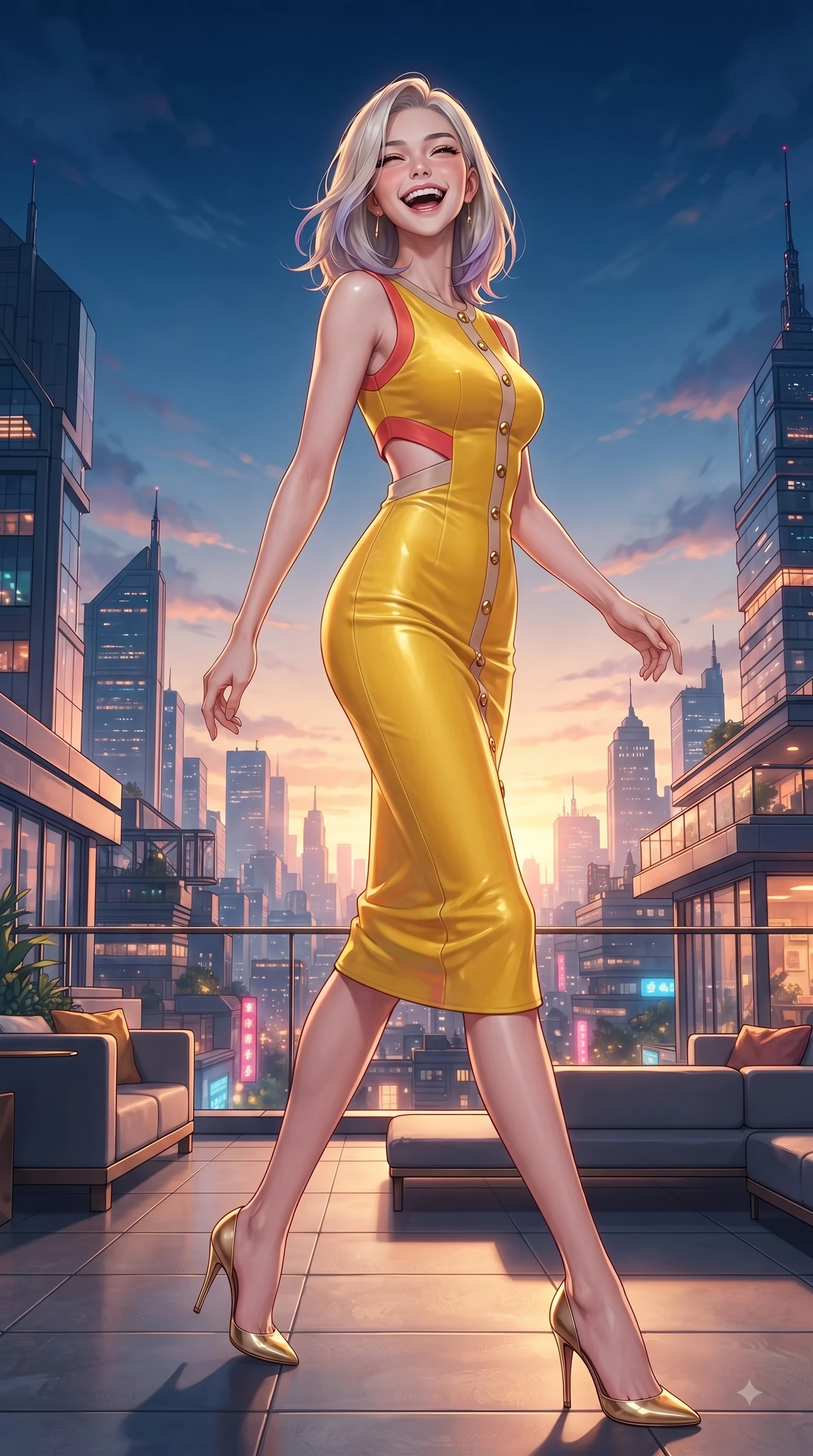 score_9, masterpiece, best quality, ultra-detailed, high-budget anime keyframe, editorial fashion photography, tasteful artistic composition, Caucasian woman. low angle full-body shot from head to toe showing her feet, filling the entire 9:16 vertical frame with her statuesque presence, stretching her vertical silhouette. Ecstatic joyful laughter with eyes crinkling in pure delight and vibrant energy filling her dynamic posture while stepping gracefully onto an open-air rooftop lounge as golden sunset city lights twinkle. The surrounding environment is rendered in vivid detail and crisp panoramic clarity. intricate city skyline details, twilight sky gradients, and modern architectural lines in high clarity. She has an absolutely perfect, statuesque 8.5-heads proportion, an exceptionally tall and slender model-like female figure with impossibly long slender legs and an ultra-slim waist. sharp v-shaped jawline, high-bridge nose, intricate jewel-like eyes with depth, thick eyelashes, glossy lips with a natural sheen, flawlessly proportioned anatomical accuracy, natural body alignment, perfectly sculpted elegant limbs, clean dynamic posture without body distortion. wearing a sleek daffodil yellow sleeveless knit midi dress with subtle side cutouts in vibrant coral red and soft beige, made of premium stretch velvet with a rich glossy sheen, finished with gold metallic hardware buttons along the front, the sleek second-skin fit accentuating her magnetic presence. bathed in dramatic golden hour sunset glow and vibrant urban night lights. ultra-reflective glossy finish, specular highlights, metallic sheen, high-contrast stereoscopic depth, volumetric dynamic lighting, 2k, ultra detail, master piece, 9:16 ratio