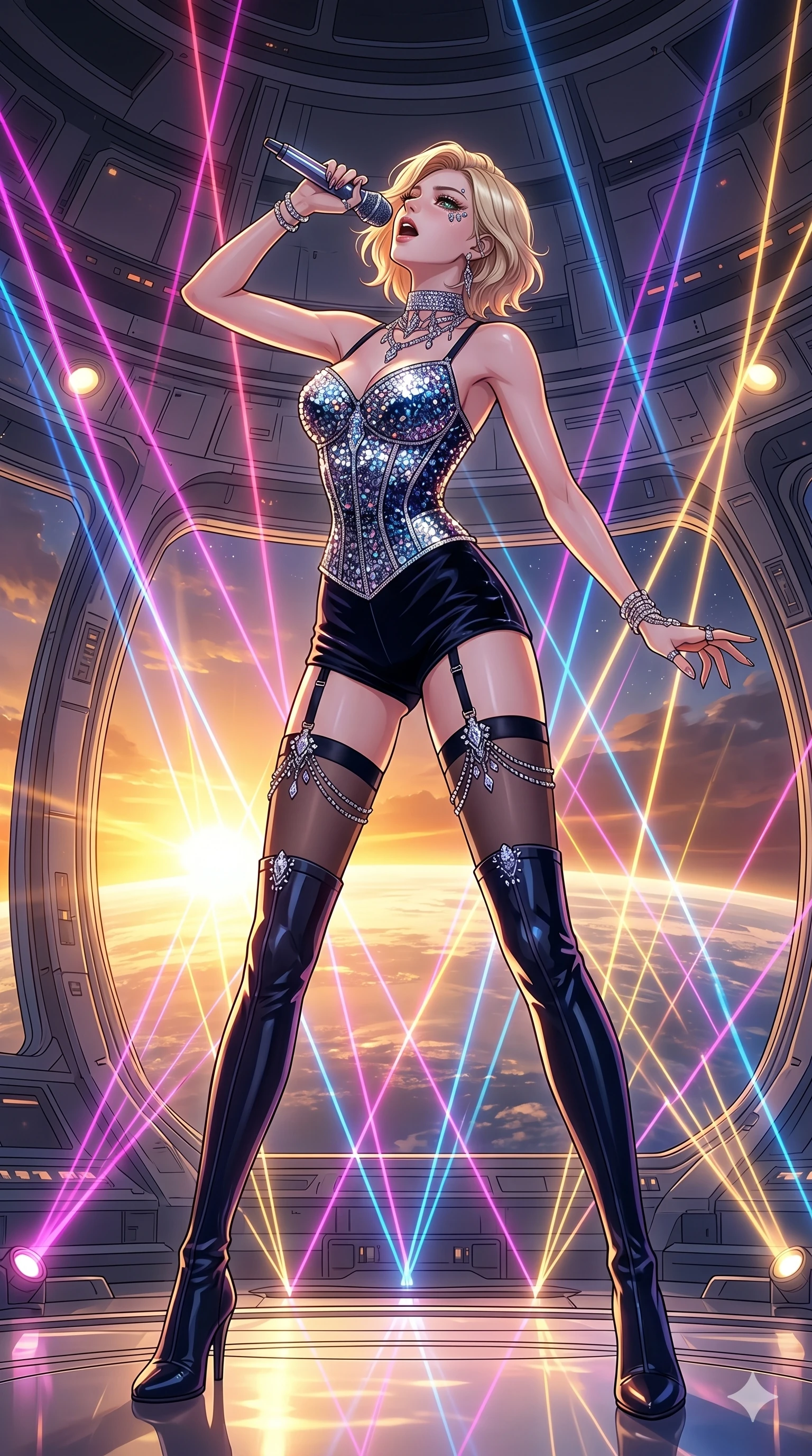score_9, masterpiece, best quality, ultra-detailed, high-budget anime movie keyframe, cinematic anime lighting, intricate line art, Caucasian (strictly human ears) woman. Low angle cowboy shot filling the entire 9:16 frame with her statuesque presence. singing on a laser stage in a futuristic orbital station during a golden sunset. She has an absolutely perfect 8-heads proportion, an exceptionally tall and slender female figure with an ultra-slim waist and impossibly long slender legs. sharp v-shaped jawline, high-bridge nose, intricate jewel-like eyes, thick eyelashes, glossy lips. Wearing luxurious K-pop idol stage outfit featuring a sparkling sequined corset, high-cut velvet shorts, and sheer silk stockings with garter belts, accessorized with crystal chokers. The scene is illuminated by dramatic atmospheric lighting and vibrant color palettes. , 2k, ultra detail, master piece, 9:16 ratio