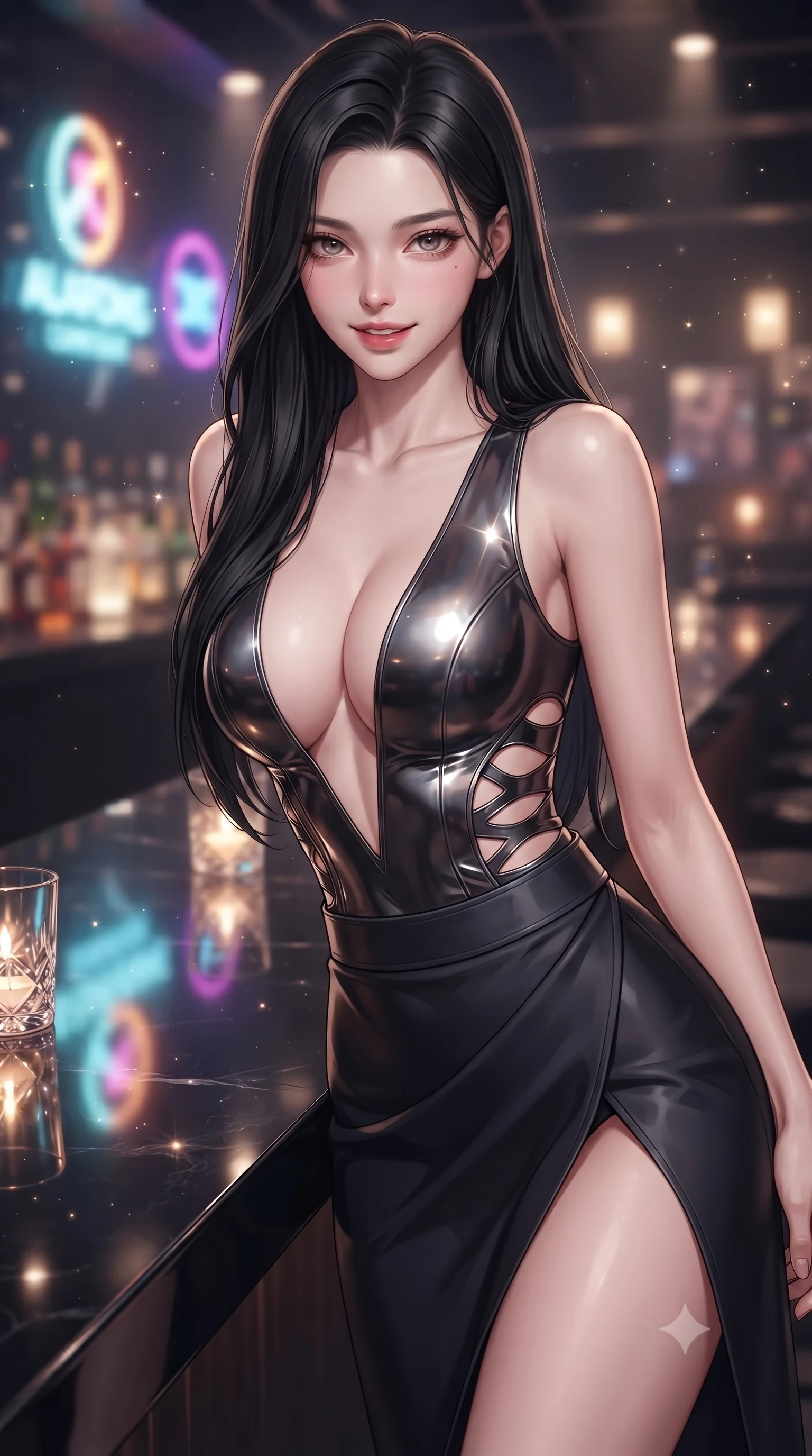 score_9, masterpiece, best quality, ultra-detailed, high-budget anime keyframe, editorial fashion photography, tasteful artistic composition, Korean woman. close-up cowboy shot from the waist and thighs up, the character dominates the composition, filling the frame with her large presence, background elements kept in soft focus. leaning slightly forward with a playful, teasing smile, her gaze locked onto the viewer with lips parted in a composed pose, the background shows a soft-focus a lounge bar with a polished obsidian counter reflecting neon logos. She has an exceptionally elegant, slender, and willowy female figure with an ultra-slim waist, a gracefully sculpted slender torso, and a refined silhouette. sharp v-shaped jawline, high-bridge nose, intricate jewel-like eyes with depth, thick eyelashes, glossy lips with a natural sheen. wearing a body-hugging deep plunging-V neck bodycon armor top, featuring keyhole cutouts along the ribs and a thigh-slit wrap skirt. soft starlight and warm candlelight refracting through crystal glasses. ultra-reflective glossy finish, specular highlights, metallic sheen, high-contrast stereoscopic depth, volumetric dynamic lighting, 2k, ultra detail, master piece, 9:16 ratio