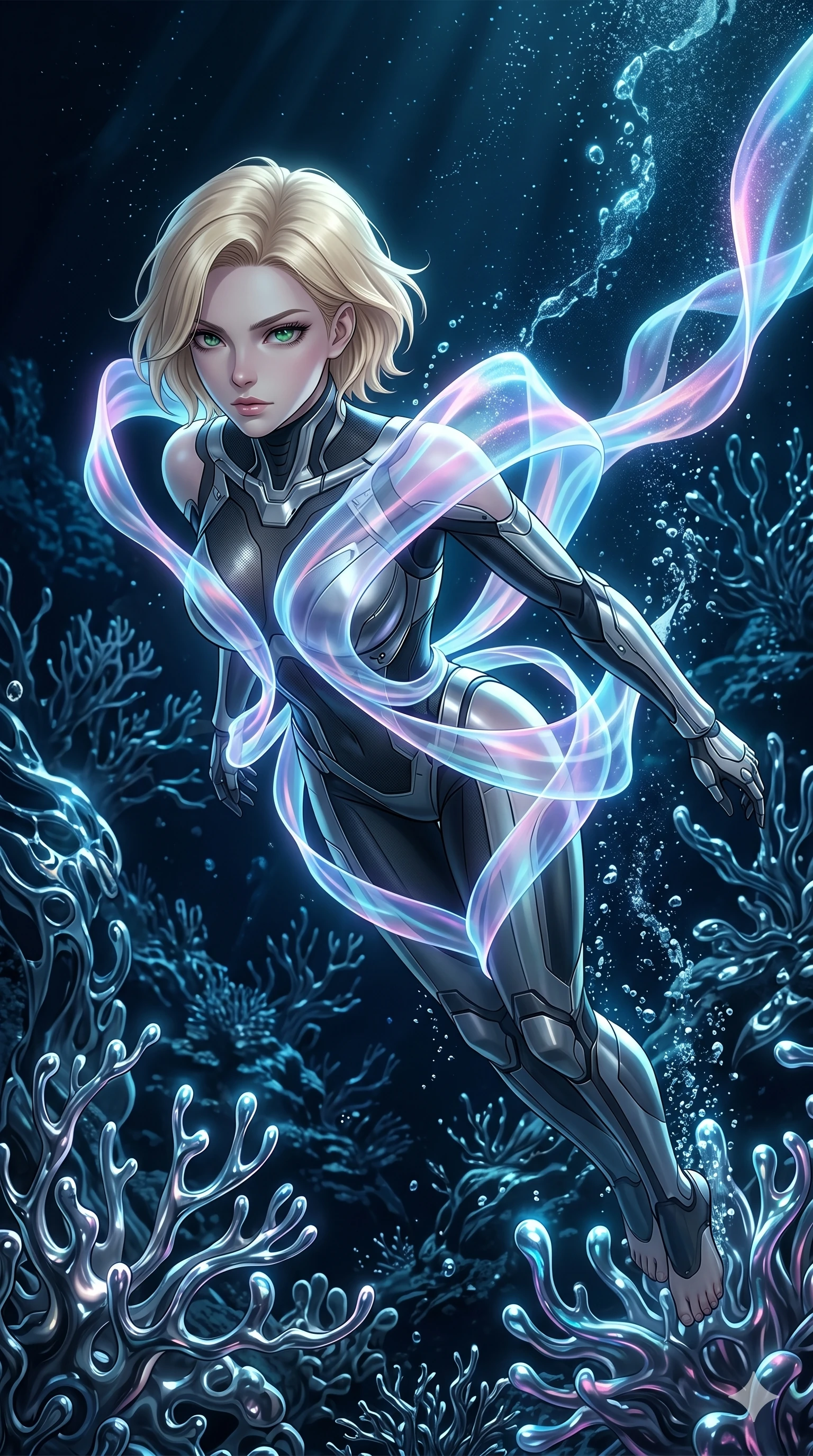 score_9, masterpiece, best quality, ultra-detailed, high-budget anime keyframe, Caucasian woman, strictly human ears. upper body close-up from the thighs up, character filling the screen for maximum presence. diving through a bionic fluid mercury reef where self-replicating liquid chrome corals pulse under dark ocean water. She has an absolutely perfect 8-heads proportion, an exceptionally tall and slender female figure with impossibly long slender legs and an ultra-slim waist. V-shaped jawline, high-bridge nose, intricate jewel-like eyes with depth, thick eyelashes, glossy lips with a natural sheen.. wearing a cybernetic bodysuit with a holographic ribbon, featuring a precision-fitted structured bodysuit wrapped in a translucent flowing holographic organza ribbon. enhanced by a luminous pastel spectrum glow, casting elegant rim lights on her shoulders and jawline. 2k, ultra detail, master piece, 9:16 ratio