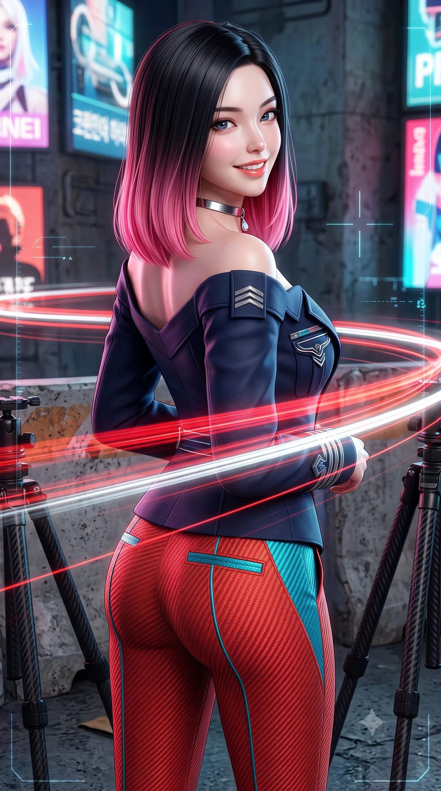 score_9, masterpiece, best quality, ultra-detailed, high-budget anime keyframe, semi-realistic 3D game render, editorial fashion photography, tasteful artistic composition, Korean woman. close-up cowboy shot from the waist and thighs up, the character dominates the composition, filling the frame with her large presence. posing in an alluring rear three-quarter angle, looking over a bare shoulder with parted glossy lips, her hips cocked back to highlight her slim hourglass curve while twisting her slender torso in an alluring contrapposto stance, long red and white aerocar light trails creating streaks of brilliance across her narrow waist and hips. The surrounding environment is rendered in vivid detail and crisp panoramic clarity: sharp weathered concrete textures, tactical tripod carbon-weave legs, and crisp holographic HUD crosshairs in deep focus. She has an exceptionally elegant, slender, and willowy female figure with an ultra-slim waist, flat toned midriff, narrow ribcage, and sculpted feminine hips creating an alluring, slim hourglass silhouette without bulk. sharp v-shaped jawline, high-bridge nose, intricate jewel-like sparkling eyes with depth, thick eyelashes, glossy parted lips with a natural peach sheen, bright cheerful beaming smile with an enchanting and coquettish sensual glint, exuding both youthful cute charm and seductive allure, flawlessly proportioned anatomical accuracy, strict slender model proportions, natural body alignment, perfectly sculpted long slender limbs, ultra-slim waistline, clean dynamic posture without body distortion. wearing a tailored flight command officer coat in midnight navy with structured lapels, metallic rank braids, and tailored slim trousers in cyber-shinto vermilion and laser turquoise, woven from structured carbon-fiber jacquard with rich textural depth, finished with a minimalist chrome choker and a single teardrop diamond pendant, the bespoke structured tailoring following the natural line of her 8.5-heads silhouette with refined elegance. bathed in the continuous dynamic red-and-white illumination of flowing vehicle light trails mixed with neon billboard glow. highly saturated vibrant anime colors, detailed shading with soft gradients, rich glossy textures, high-contrast stereoscopic depth, volumetric dynamic lighting, master piece, 9:16 ratio
