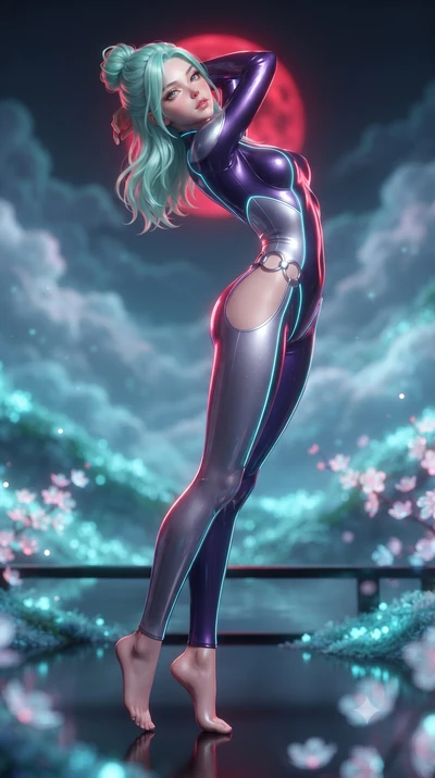 score_9, masterpiece, best quality, ultra-detailed, high-budget anime keyframe, editorial fashion photography, tasteful artistic composition, Japanese woman. low angle full-body shot from head to toe showing her feet, filling the entire 9:16 vertical