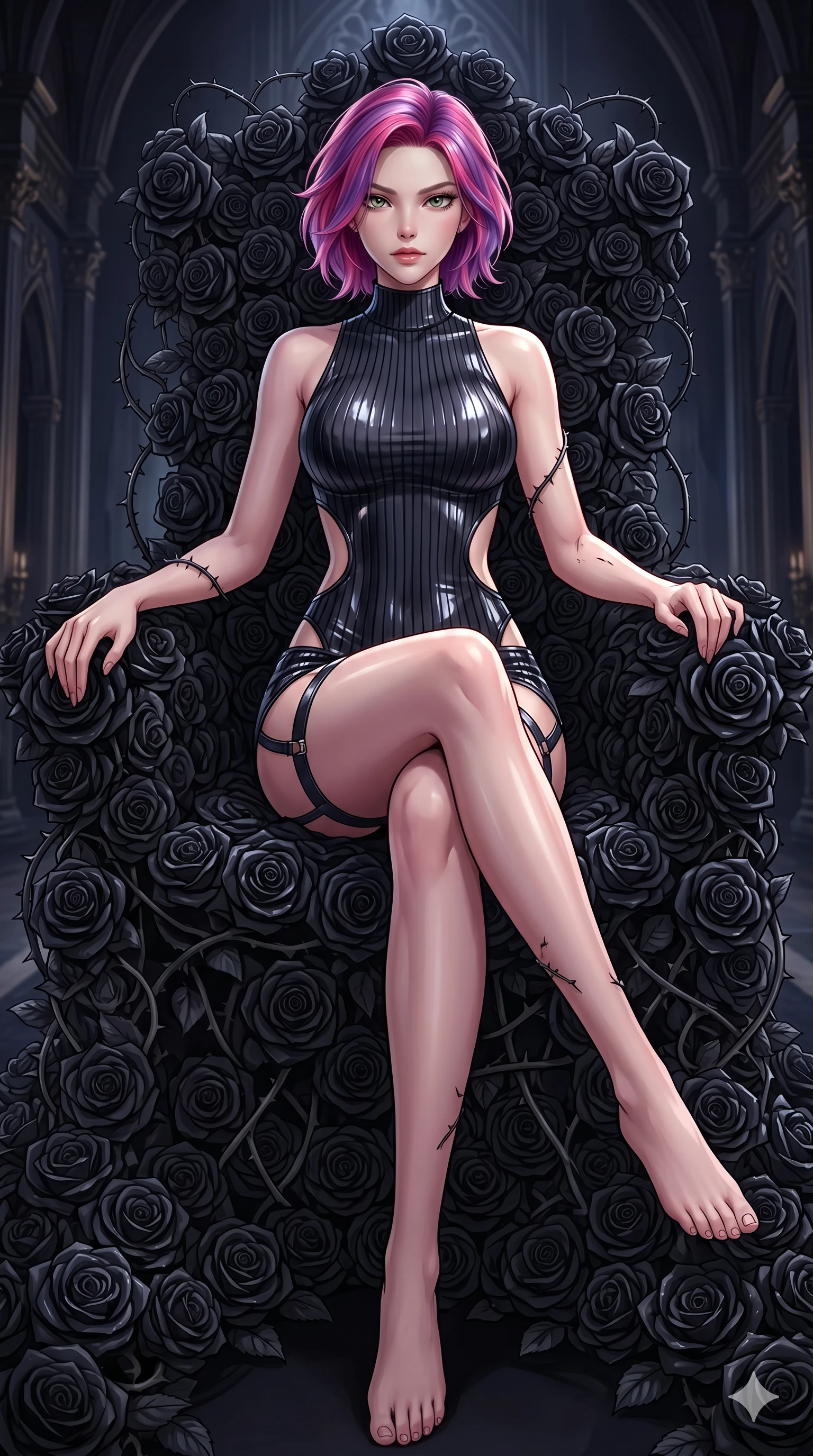score_9, masterpiece, best quality, ultra-detailed, High-budget Anime Keyframe, East Asian woman. Dynamic full-body shot stretching the vertical silhouette to the limit. Scenario 130: Resting on a throne of black roses, thorns grazing her skin. Her presence is magnetic and overpowering in this high-budget anime scene. Outfit 130: A ribbed bodycon knit garter with a strategic side cut-outs and wet-look texture. The clothing is designed to emphasize her exceptionally tall and slender 8-heads proportion. 8-heads proportion, towering silhouette, ultra-slim waist. sharp v-shaped jawline, intricate jewel-like eyes with depth, thick eyelashes, glossy lips. 2k, ultra detail, master piece, 9:16 ratio