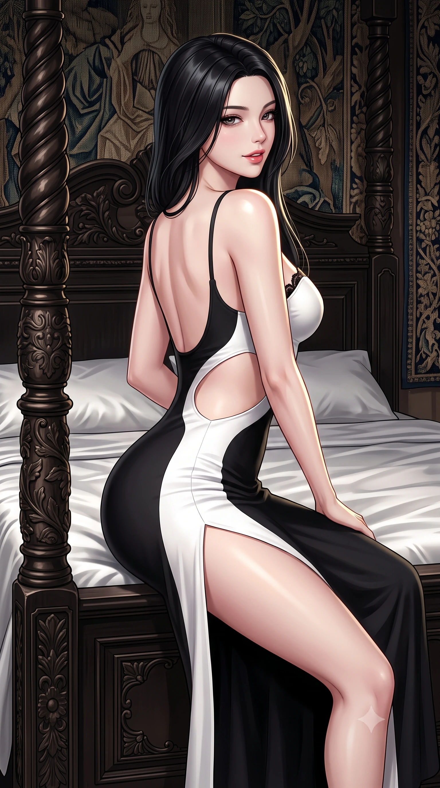 score_9, masterpiece, best quality, ultra-detailed, high-budget anime keyframe, semi-realistic 3D game render, editorial fashion photography, tasteful artistic composition, Korean woman. close-up cowboy shot from the waist and thighs up, the character dominates the composition, filling the frame with her large presence. posing in an alluring rear three-quarter angle, looking over a bare shoulder with parted glossy lips, her hips cocked back to highlight her slim hourglass curve while sitting perched on the edge of the antique carved four-poster bed with hips cocked back, looking over her shoulder with an intoxicating smile. The surrounding environment is rendered in vivid detail and crisp panoramic clarity: sharp silk bedsheet creases, carved ebony bedpost reliefs, and gothic wall tapestry threads in deep focus. She has an exceptionally elegant, slender, and willowy female figure with an ultra-slim waist, flat toned midriff, narrow ribcage, and sculpted feminine hips creating an alluring, slim hourglass silhouette without bulk. sharp v-shaped jawline, high-bridge nose, sparkling eyes with hypnotic seductive depth, thick curled eyelashes, glossy parted lips with a natural dewy peach sheen, alluring bedroom-eyes with an enchanting coquettish smile, exuding magnetic siren charisma and sophisticated glamour, flawlessly proportioned anatomical accuracy, strict slender model proportions, natural body alignment, perfectly sculpted long slender limbs, ultra-slim waistline, clean dynamic posture without body distortion. wearing a sculptural liquid jersey column dress with a dramatic hip-high side slit and asymmetrical cutout waist darts in high-contrast minimalist monochrome black and pure alabaster white, crafted from fluid liquid silk satin that clings smoothly to every curve with a dewy sheen, finished with scalloped eyelash lace trim framing her sweetheart neckline with intimate elegance, the precision-cut side openings and low-back scoop framing her graceful spine and the sensual sweep of her slim, toned hips. illuminated by silk bedding reflection fill and sharp platinum-gold rim lights defining her collarbones, narrow waist, and curvy hips. highly saturated vibrant anime colors, detailed shading with soft gradients, rich glossy textures, high-contrast stereoscopic depth, volumetric dynamic lighting, master piece, 9:16 ratio