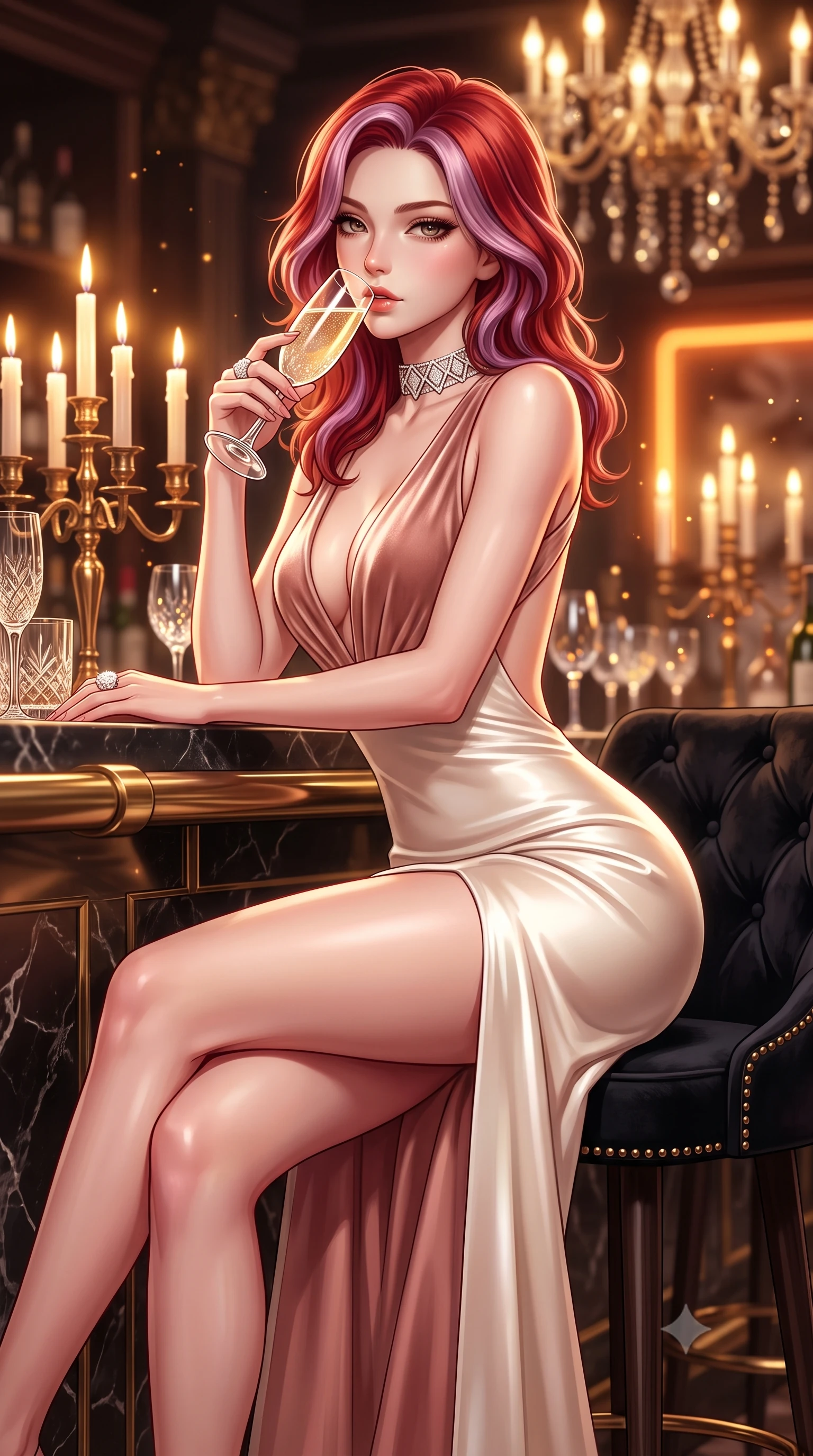 score_9, masterpiece, best quality, ultra-detailed, high-budget anime keyframe, semi-realistic 3D game render, editorial fashion photography, tasteful artistic composition, Caucasian woman. close-up cowboy shot from the waist and thighs up, the character dominates the composition, filling the frame with her large presence. leaning forward against the polished railing with her hips cocked back, creating an intoxicating curve from her narrow waist to sculpted hips as she gazes back into the lens while sitting high on a tufted black velvet barstool with legs crossed, arching her lower back while holding a crystal champagne flute to her lips. The composition keeps background elements in soft focus with creamy bokeh. flickering candelabra flames and cut crystal glass refractions scattering warm decadent light motes. She has an exceptionally elegant, slender, and willowy female figure with an ultra-slim waist, a gracefully sculpted slender torso, toned flat midriff, and rounded feminine hips creating an alluring hourglass silhouette. sharp v-shaped jawline, high-bridge nose, intricate jewel-like eyes with depth, thick eyelashes, glossy parted lips with a natural sheen, intensely captivating and seductive bedroom-eyes expression, flawlessly proportioned anatomical accuracy, strict slender model proportions, natural body alignment, perfectly sculpted long slender limbs, ultra-slim waistline, clean dynamic posture without body distortion. wearing a plunging-V neckline velvet evening gown with an open back and high-cut side slit in pristine ivory cream and antique rose gold, tailored from ultra-smooth duchess satin with a pearlescent sheen, complemented by a bold geometric diamond choker and glittering cocktail ring, the second-skin form-contouring cut accentuating her sculpted flat midriff, narrow waistline, and dramatically curvy hips without adding bulk. bathed in warm incandescent chandelier warmth and vintage amber neon glow. highly saturated vibrant anime colors, detailed shading with soft gradients, rich glossy textures, high-contrast stereoscopic depth, volumetric dynamic lighting, master piece, 9:16 ratio
