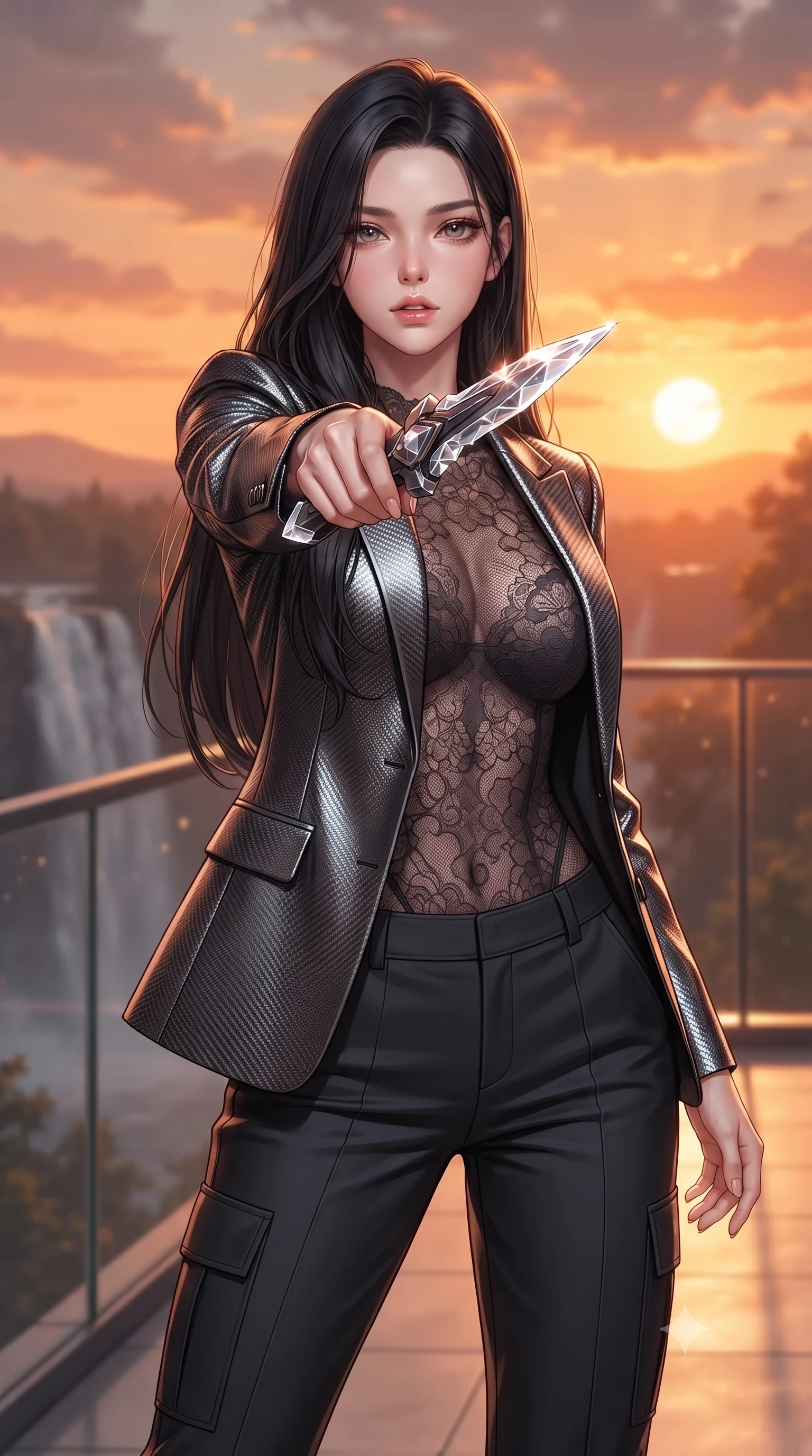 score_9, masterpiece, best quality, ultra-detailed, high-budget anime keyframe, editorial fashion photography, tasteful artistic composition, Korean woman. close-up cowboy shot from the waist and thighs up, the character dominates the composition, filling the frame with her large presence, background elements kept in soft focus. pointing a crystal-edged laser dagger forward in a defensive stance, tilting her chin up slightly with lips parted in a composed pose, the background shows a soft-focus a waterfall valley balcony with glass railings facing a binary star sunset. She has an exceptionally elegant, slender, and willowy female figure with an ultra-slim waist, a gracefully sculpted slender torso, and a refined silhouette. sharp v-shaped jawline, high-bridge nose, intricate jewel-like eyes with depth, thick eyelashes, glossy lips with a natural sheen. wearing a slim-fit semi-opaque dark lace bodysuit worn under a tailored open carbon-plated blazer and cargo pants. warm sunset light casting a peaceful, cozy orange wash on her figure. ultra-reflective glossy finish, specular highlights, metallic sheen, high-contrast stereoscopic depth, volumetric dynamic lighting, 2k, ultra detail, master piece, 9:16 ratio