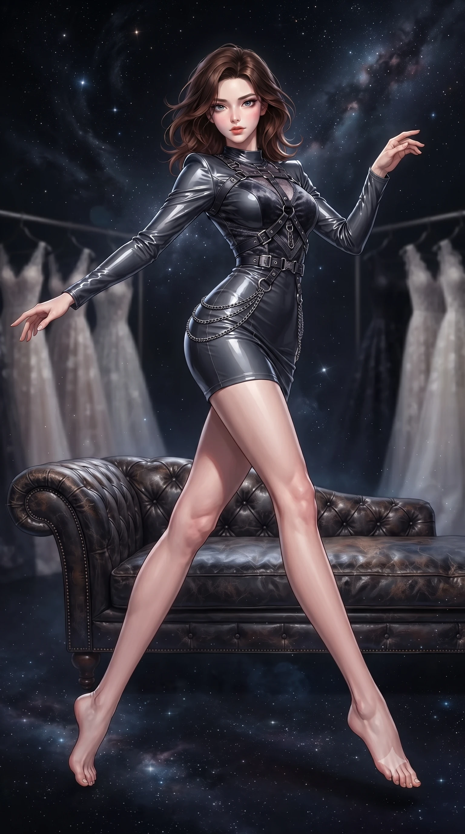 score_9, masterpiece, best quality, ultra-detailed, high-budget anime keyframe, editorial fashion photography, tasteful artistic composition, Korean woman. low angle full-body shot from head to toe showing her feet, filling the entire 9:16 vertical frame with her statuesque presence, stretching her vertical silhouette. leaping dynamically through the starry space, her posture full of power and elegance, resting on a leather chaise in a secluded backstage fashion suite, racks of high-fashion silk and lace gowns fading into soft background focus. She has an absolutely perfect, statuesque 8.5-heads proportion, an exceptionally tall and slender model-like female figure with impossibly long slender legs and an ultra-slim waist. sharp v-shaped jawline, high-bridge nose, intricate jewel-like eyes with depth, thick eyelashes, glossy lips with a natural sheen. wearing precision-fitted bodycon dress in high-gloss liquid vinyl in dark charcoal gray, made of crushed dark silk velvet, framed by dark titanium buckles and silver chain details, following her slender form with tailored precision. bathed in high-contrast studio spotlighting with crisp specular glints. highly saturated vibrant anime colors, detailed shading with soft gradients, rich glossy textures, high-contrast stereoscopic depth, volumetric dynamic lighting, master piece, 9:16 ratio