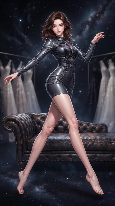 score_9, masterpiece, best quality, ultra-detailed, high-budget anime keyframe, editorial fashion photography, tasteful artistic composition, Korean woman. low angle full-body shot from head to toe showing her feet, filling the entire 9:16 vertical f