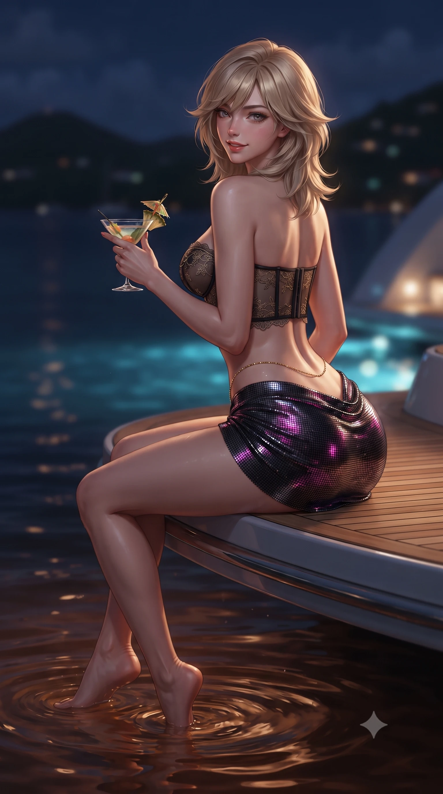score_9, masterpiece, best quality, ultra-detailed, high-budget anime keyframe, editorial fashion photography, tasteful artistic composition, Japanese woman. close-up cowboy shot from the waist and thighs up, the character dominates the composition, filling the frame with her large presence. posing in an alluring rear three-quarter angle, looking over a bare shoulder with parted glossy lips, her hips cocked back to highlight her slim hourglass curve while sitting perched on the edge of the teak deck with feet dipped in the dark warm water, holding a cocktail with effortless seductive poise. The background shows a soft-focus the dark tranquil Caribbean bay, distant silhouettes of St. Barth hills, and underwater yacht stern lights blurred into sapphire, aquamarine, and amber bokeh. She has an exceptionally elegant, slender, and willowy female figure with an ultra-slim waist, flat toned midriff, narrow ribcage, and sculpted feminine hips creating an alluring, slim hourglass silhouette without bulk. sharp v-shaped jawline, high-bridge nose, sparkling eyes with hypnotic seductive depth, thick curled eyelashes, glossy parted lips with a natural dewy peach sheen, alluring bedroom-eyes with an enchanting coquettish smile, exuding magnetic siren charisma and sophisticated glamour, flawlessly proportioned anatomical accuracy, strict slender model proportions, natural body alignment, perfectly sculpted long slender limbs, ultra-slim waistline, clean dynamic posture without body distortion. wearing a sculpted underwire demi-bustier in semi-sheer lace paired with an ultra-short draped tulip skirt in wet-look onyx black with electric magenta reflections, crafted from shimmering fluid chainmail mesh reflecting ambient lights, accented with a dainty gold belly chain resting across her flat midriff and curving hips, the second-skin tailored fabric adhering flawlessly to her sculpted flat midriff and slender torso, emphasizing her long leg lines and perfectly proportioned willowy build. illuminated by water surface specular bounce and sharp platinum-gold rim lights defining her delicate clavicles, ultra-slim waist, and curvy hips. ultra-reflective glossy finish, specular highlights, rich textural contrasts, high-contrast stereoscopic depth, volumetric dynamic lighting, 2k, ultra detail, master piece, 9:16 ratio