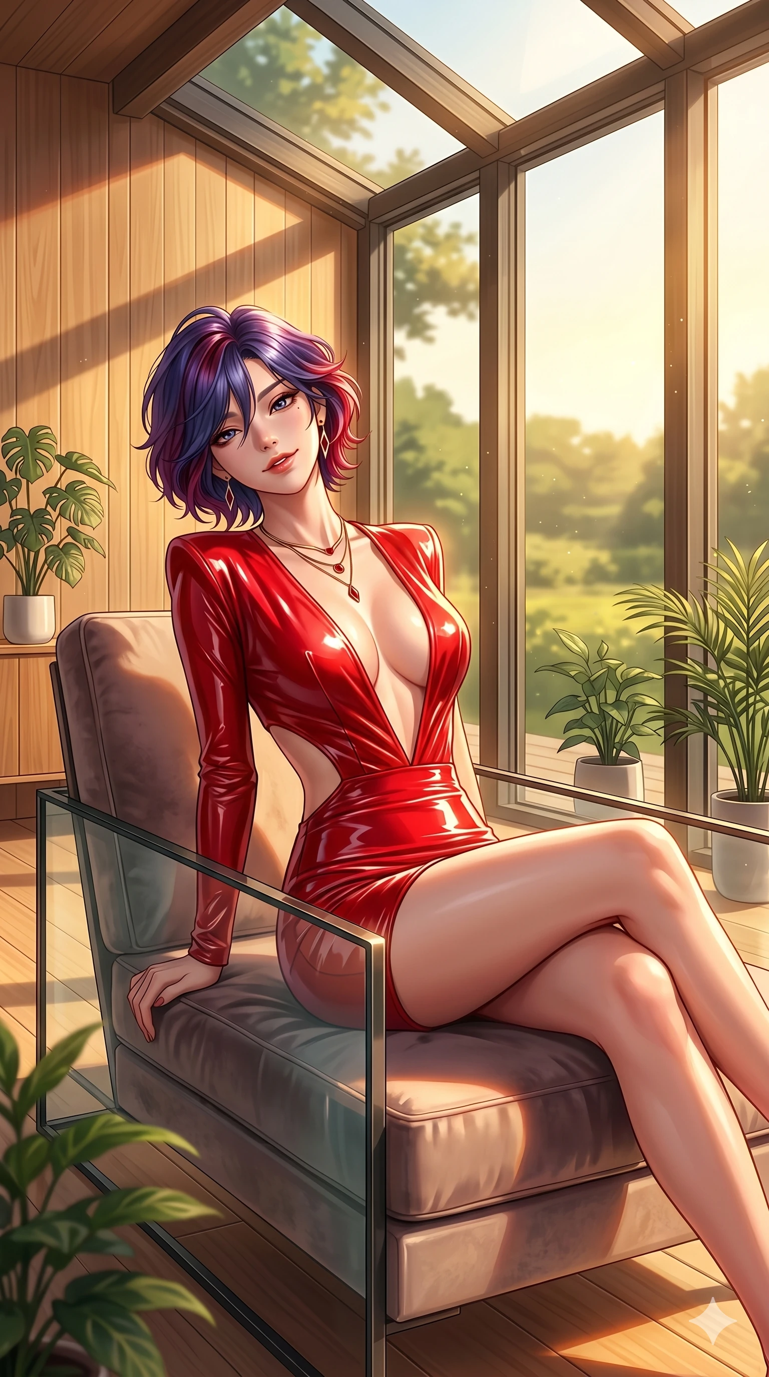 score_9, masterpiece, best quality, ultra-detailed, high-budget anime keyframe, editorial fashion photography, tasteful artistic composition, Korean woman. cowboy shot from the thighs up, character and outfit filling the frame for maximum editorial presence. tilting her head back slightly, her expression filled with confident allure and a playful half-smile lounging on a modern chaise indoor sunroom next to tall glass windows. She has an absolutely perfect 8-heads proportion, an exceptionally tall and slender female figure with impossibly long slender legs and an ultra-slim waist. V-shaped jawline, high-bridge nose, intricate jewel-like eyes with depth, thick eyelashes, glossy lips with a natural sheen. wearing a skin-tight red vinyl mini-dress featuring an ultra-deep plunging V-neckline and a daring side cutout. bathed in warm, golden sunset light pouring through the windows, casting a warm glowing aura over her. 2k, ultra detail, master piece, 9:16 ratio
