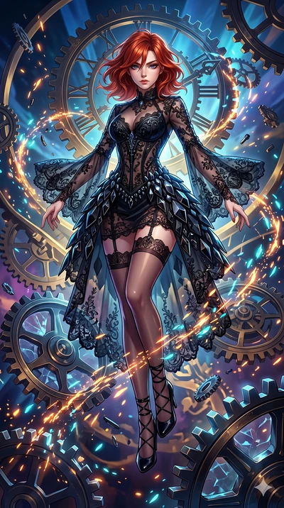 score_9, masterpiece, best quality, ultra-detailed, Set A: High-budget Anime Keyframe, Japanese woman. Low angle cowboy shot filling the entire 9:16 frame with her statuesque presence. Floating through a throne of gears, as gravity fails and everythi