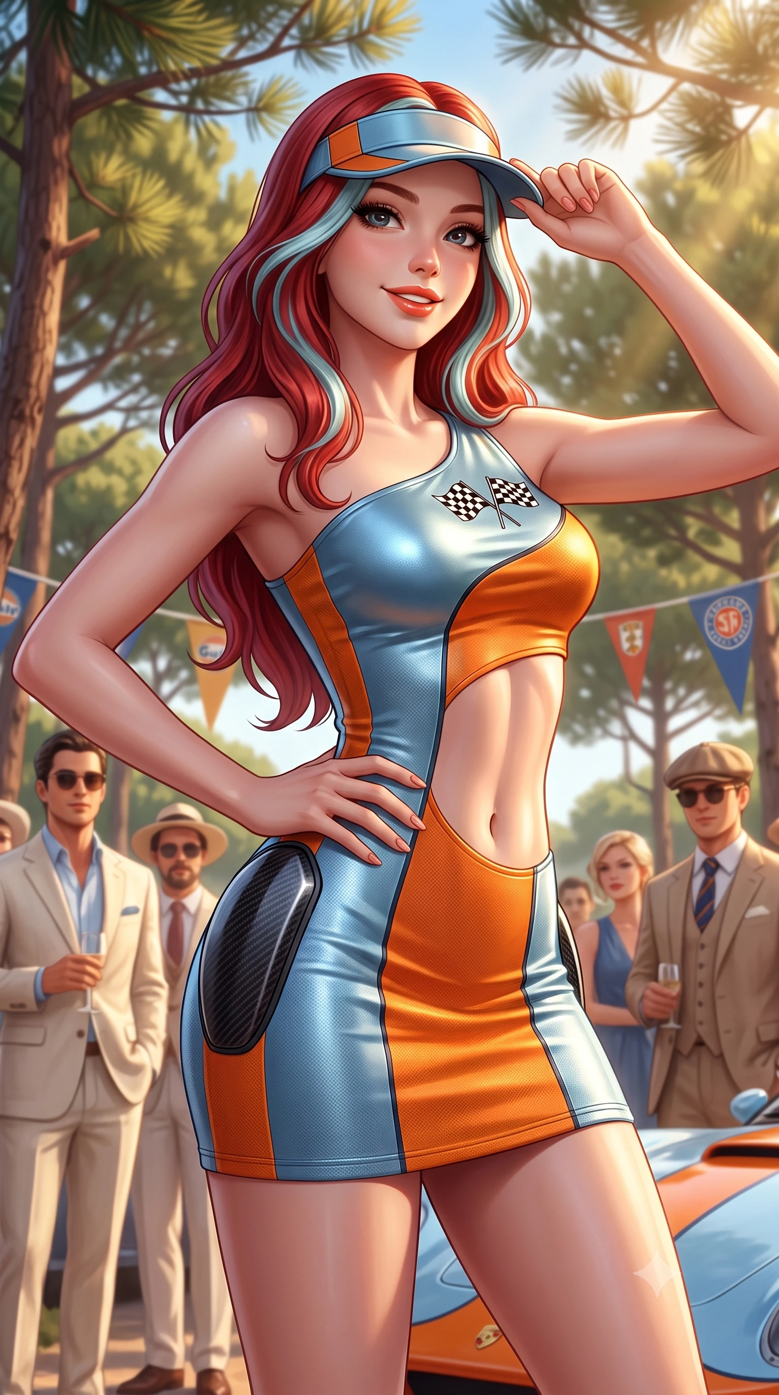 score_9, masterpiece, best quality, ultra-detailed, high-budget anime keyframe, semi-realistic 3D game render, editorial fashion photography, tasteful artistic composition, Caucasian woman. close-up cowboy shot from the waist and thighs up, the character dominates the composition, filling the frame with her large presence. tilting her head with a cute beaming smile while arching her spine with athletic poise, one hand adjusting her racing visor in a flirtatious S-curve while twisting her slender torso in an alluring contrapposto stance among maritime pines, coastal breezes fluttering her pleated tennis skirt. The background shows a soft-focus chic spectators in linen suits and vintage sports car club pennants softened in glamorous Provençal shallow focus. She has an exceptionally elegant, slender, and willowy female figure with an ultra-slim waist, flat toned midriff, narrow ribcage, and sculpted feminine hips creating an alluring, slim hourglass silhouette without bulk. sharp v-shaped jawline, high-bridge nose, sparkling eyes with athletic focus and depth, thick curled eyelashes, glossy parted lips with a natural coral-peach sheen, bright confident and coquettish smile with alluring bedroom-eyes, exuding both youthful sporty vigor and sovereign high-society glamour, flawlessly proportioned anatomical accuracy, strict slender model proportions, natural body alignment, perfectly sculpted long slender limbs, ultra-slim waistline, clean dynamic posture without body distortion. wearing an asymmetric one-shoulder metallic racing mini dress with checkered flag embroidery hugging her narrow waist and hips in vintage Porsche Gulf blue and vibrant race orange, made of second-skin technical compression piqué knit with moisture-wicking stretch, accented with sleek aerodynamic carbon-fiber hip pads framing her narrow waist, the form-fitting tailored bodice adhering flawlessly to her sculpted flat midriff and slender torso, emphasizing her long leg lines and perfectly proportioned willowy build. bathed in horizontal late-afternoon golden hour sunbeams filtering through pine needles. highly saturated vibrant anime colors, detailed shading with soft gradients, rich glossy textures, high-contrast stereoscopic depth, volumetric dynamic lighting, master piece, 9:16 ratio