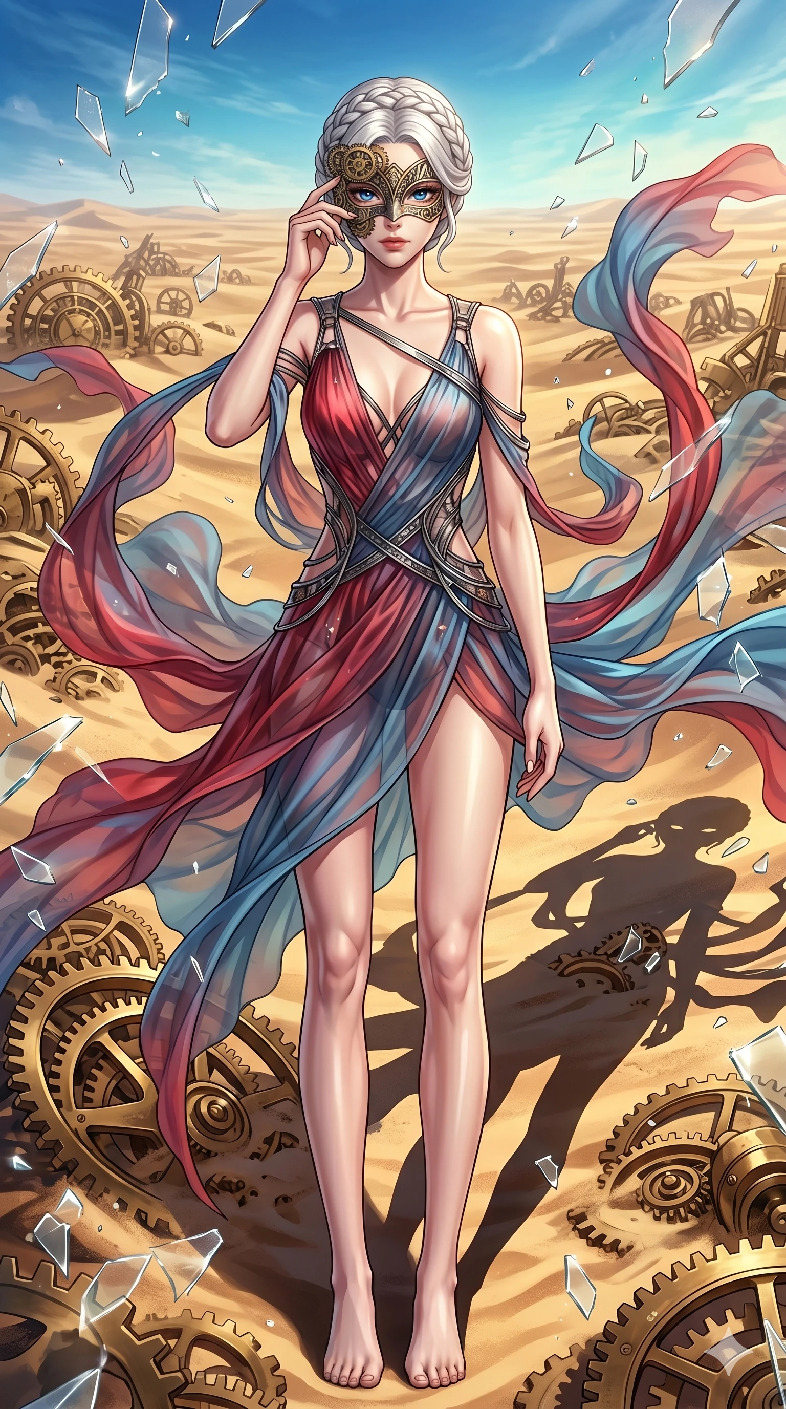 score_9, masterpiece, best quality, ultra-detailed, Set A: High-budget Anime Keyframe, Korean woman. Low angle cowboy shot filling the entire 9:16 frame with her statuesque presence. Adjusting a mask through a clockwork desert, while her shadow mimics the movements of a predator 145 and surrounded by shattered glass fragments. She has an absolutely perfect 8-heads proportion, an exceptionally tall and slender female figure with impossibly long slender legs and an ultra-slim waist. Sharp v-shaped jawline, high-bridge nose, intricate jewel-like eyes with depth, thick eyelashes, glossy lips with a natural sheen. Wearing Avant-garde paper-thin silk dress that floats like smoke, with metallic straps. Cinematic lighting, vibrant colors, dramatic shadows, 2k, ultra detail, master piece, 9:16 ratio