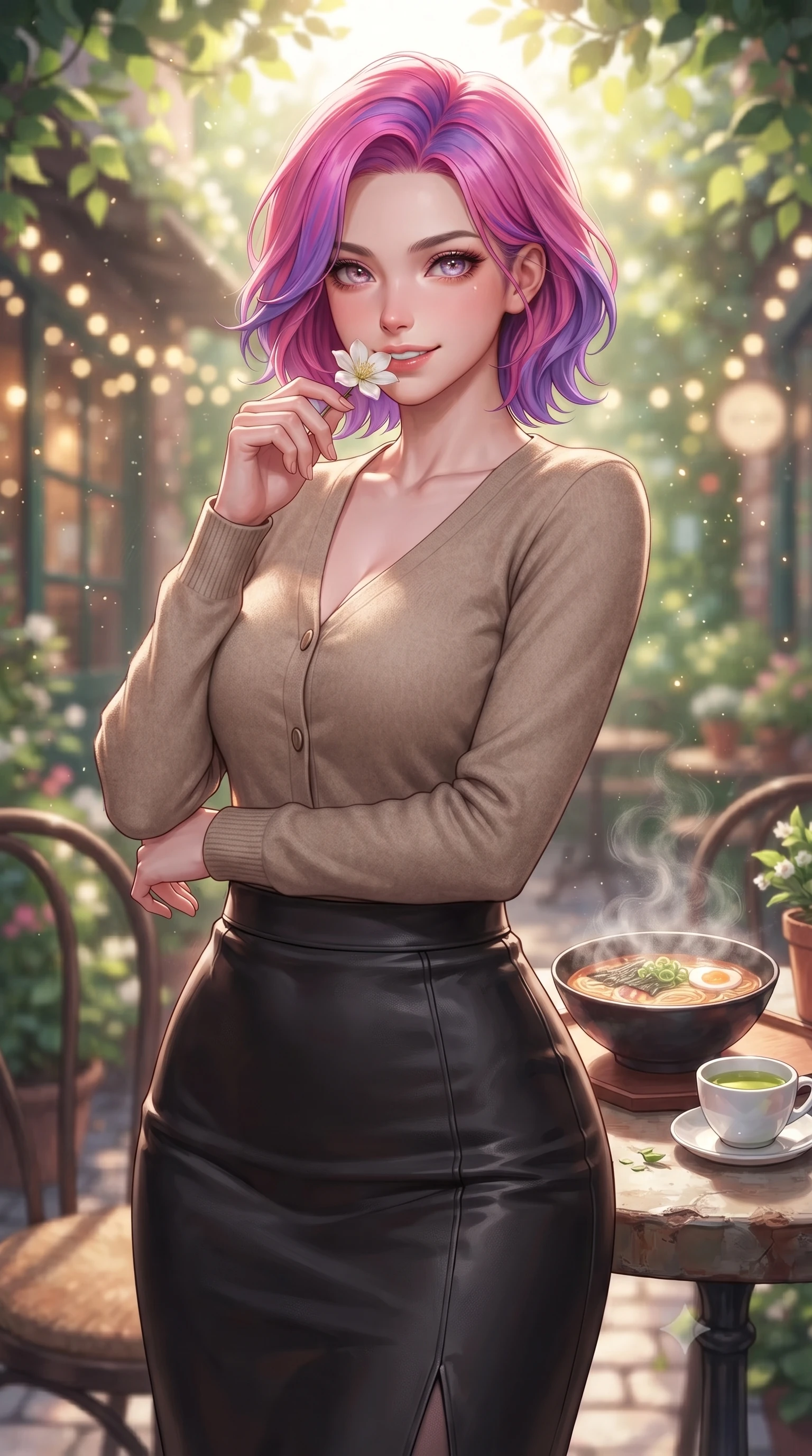 score_9, masterpiece, best quality, ultra-detailed, high-budget anime keyframe, editorial fashion photography, tasteful artistic composition, Caucasian woman. close-up cowboy shot from the waist and thighs up, the character dominates the composition, filling the frame with her large presence, background elements kept in soft focus. holding a delicate flower near her lips, smiling with magnetic self-assurance and glowing eyes set against a soft-focus background of at an outdoor garden table of a cozy Italian bistro decorated with fairy lights with a steaming bowl of ramen and a small cup of hot green tea nearby. She has an exceptionally elegant, slender, and willowy female figure with an ultra-slim waist, a gracefully sculpted slender torso, and a refined silhouette. sharp v-shaped jawline, high-bridge nose, intricate jewel-like eyes with depth, thick eyelashes, glossy lips with a natural sheen. wearing body-hugging tight-fitting cashmere cardigan closed, paired with a sleek leather midi skirt. crisp morning sun rays creating a fresh and energetic breakfast atmosphere. highly saturated vibrant anime colors, detailed shading with soft gradients, rich glossy textures, high-contrast stereoscopic depth, volumetric dynamic lighting, master piece, 9:16 ratio