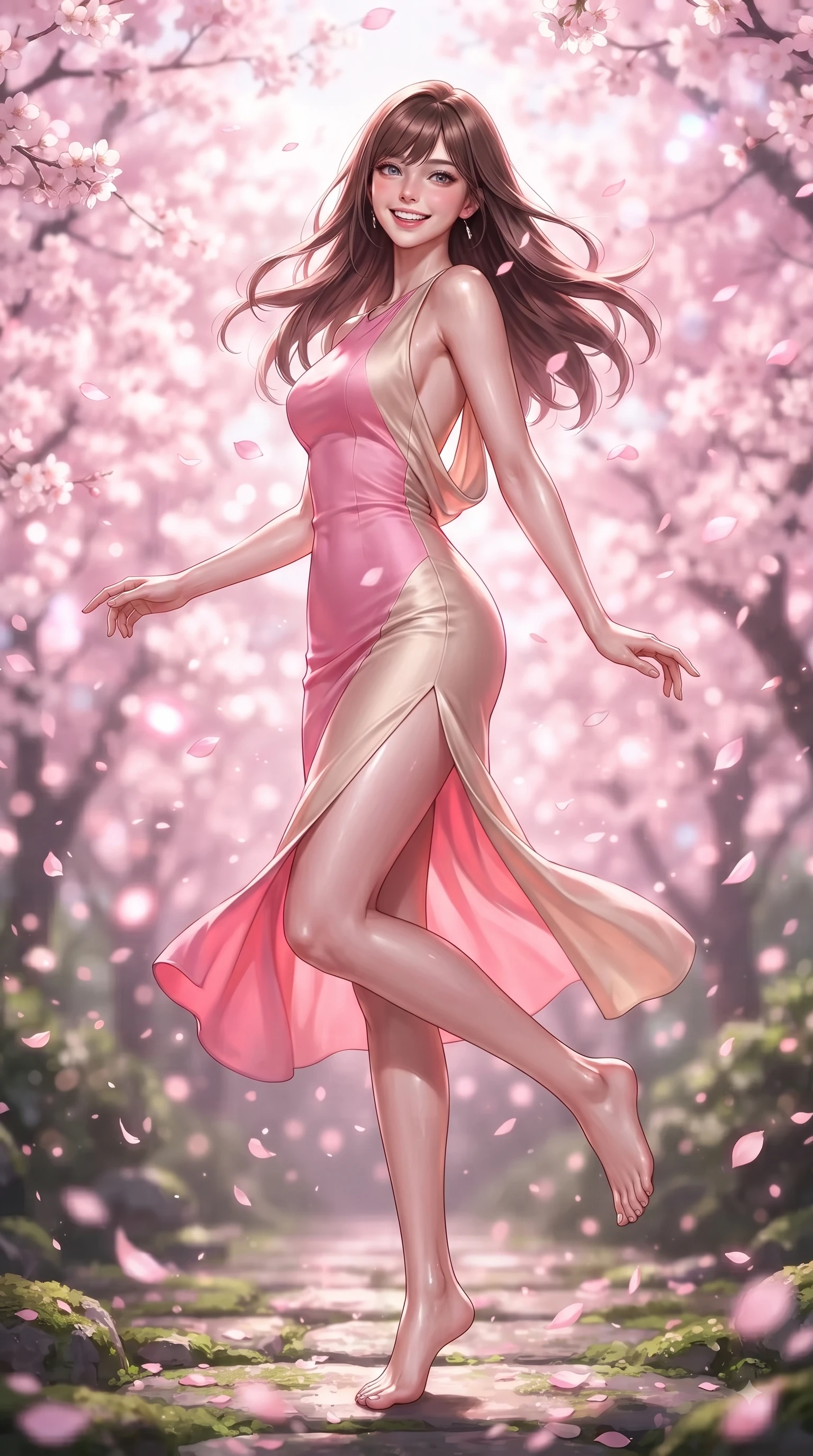 score_9, masterpiece, best quality, ultra-detailed, high-budget anime keyframe, editorial fashion photography, tasteful artistic composition, Korean woman. low angle full-body shot from head to toe showing her feet, filling the entire 9:16 vertical frame with her statuesque presence, stretching her vertical silhouette. performing a cheerful mid-motion turn with flawless poise, her radiant smile capturing fresh girlhood energy while pivoting dynamically with a beaming smile as delicate pink sakura petals shower around her. The composition keeps background elements in soft focus with dreamy bokeh. dense cherry blossom canopies blurring into a dreamy glowing pink and white bokeh backdrop. She has an absolutely perfect, statuesque 8.5-heads proportion, an exceptionally tall and slender model-like female figure with impossibly long slender legs and an ultra-slim waist. sharp v-shaped jawline, high-bridge nose, intricate jewel-like eyes with depth, thick eyelashes, glossy lips with a natural sheen, flawlessly proportioned anatomical accuracy, natural body alignment, perfectly sculpted elegant limbs, clean dynamic posture without body distortion. wearing a precision-fitted bodycon dress with a graceful open draped back in bright cherry blossom pink and champagne, crafted from lightweight fluid chiffon, featuring a sleek side leg slit ascending to mid-thigh, the sleek second-skin texture accentuating her magnetic presence. illuminated by soft glowing pink ambient light and clear sky refractions. ultra-reflective glossy finish, specular highlights, metallic sheen, high-contrast stereoscopic depth, volumetric dynamic lighting, 2k, ultra detail, master piece, 9:16 ratio