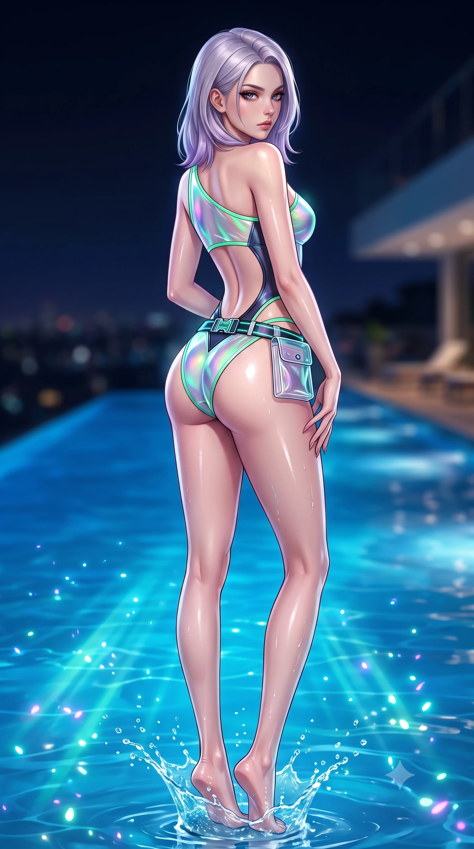 score_9, masterpiece, best quality, ultra-detailed, high-budget anime keyframe, semi-realistic 3D game render, editorial fashion photography, tasteful artistic composition, Caucasian woman. low angle full-body shot from head to toe showing her feet, filling the entire 9:16 vertical frame with her statuesque presence, stretching her vertical silhouette. posing with back turned slightly to the lens, glancing back with smoldering allure as she arches her lower back to emphasize her sculpted feminine hips and slender waist while standing at the infinity pool edge with her back to the camera, twisting her torso to cast a smoldering, dangerous look over her shoulder. The composition keeps background elements in soft focus with creamy bokeh. splashing water droplets and underwater LED light rays scattering shimmering neon light motes. She has an absolutely perfect, statuesque 8.5-heads proportion, an exceptionally tall and slender model-like female figure with impossibly long slender legs, a toned flat midriff, an ultra-slim waist, and beautifully sculpted feminine hips. sharp v-shaped jawline, high-bridge nose, intricate jewel-like eyes with depth, thick eyelashes, glossy parted lips with a natural sheen, intensely captivating and seductive bedroom-eyes expression, flawlessly proportioned anatomical accuracy, strict slender model proportions, natural body alignment, perfectly sculpted long slender limbs, ultra-slim waistline, clean dynamic posture without body distortion. wearing an asymmetrical one-shoulder cut-out swimsuit with holographic side panels and hip straps in neon mint green and dark obsidian, made of semi-translucent cybernetic vinyl with glowing micro-filaments, finished with a neon LED belt buckle and translucent vinyl tool pouch, the precision-cut side openings and low-back scoop framing her graceful spine and the sensual sweep of her hips. illuminated by wet specular bounce lights accentuating her feminine waist-to-hip hourglass contour. highly saturated vibrant anime colors, detailed shading with soft gradients, rich glossy textures, high-contrast stereoscopic depth, volumetric dynamic lighting, master piece, 9:16 ratio