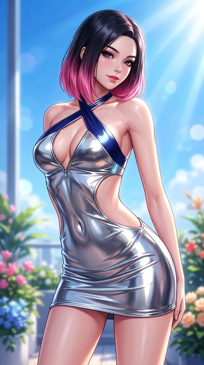 score_9, masterpiece, best quality, ultra-detailed, high-budget anime keyframe, semi-realistic 3D game render, editorial fashion photography, tasteful artistic composition, Korean woman. close-up cowboy shot from the waist and thighs up, the characte