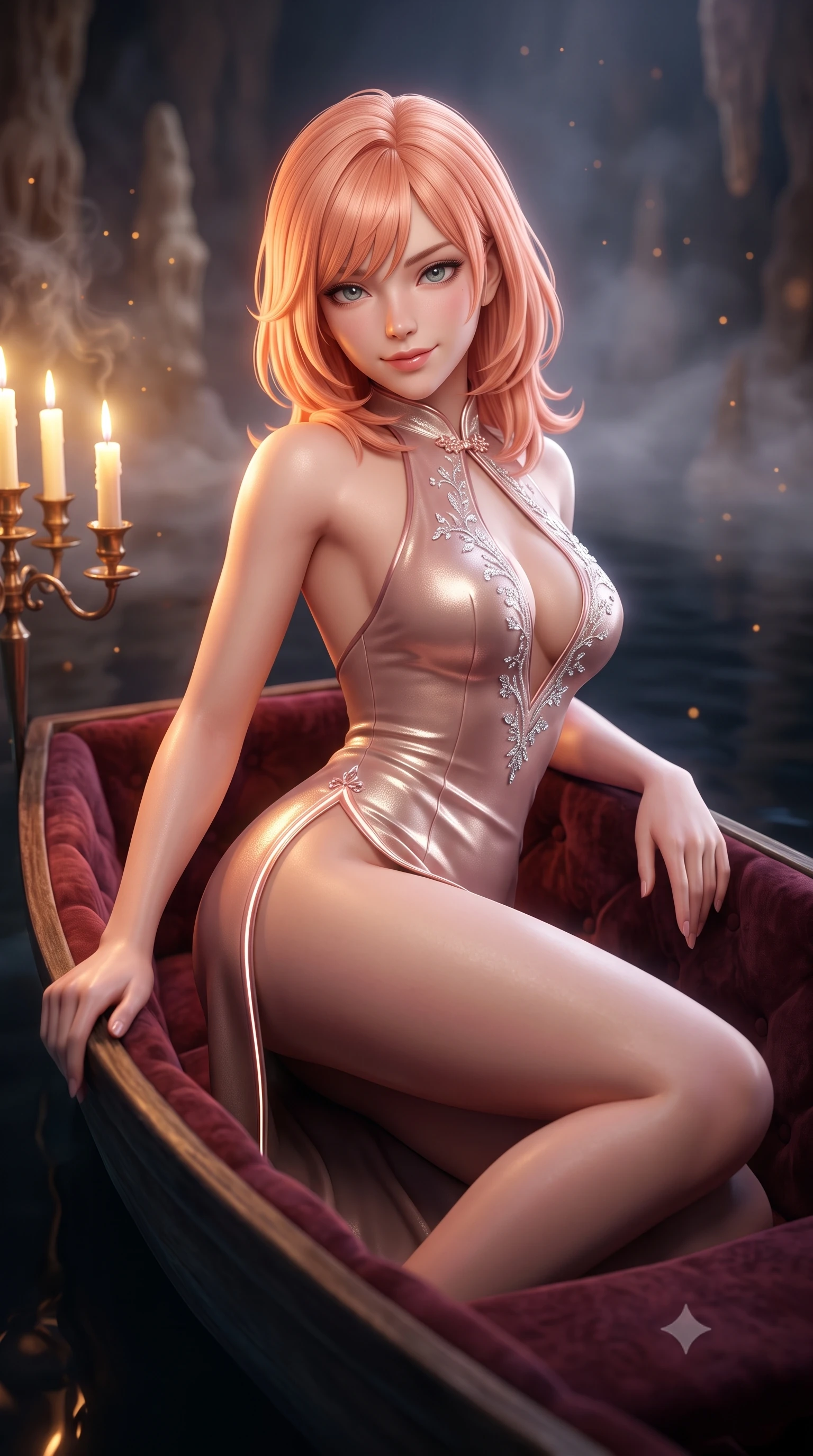 score_9, masterpiece, best quality, ultra-detailed, high-budget anime keyframe, semi-realistic 3D game render, editorial fashion photography, tasteful artistic composition, Japanese woman. close-up cowboy shot from the waist and thighs up, the character dominates the composition, filling the frame with her large presence. turning over a bare shoulder with an intoxicating, teasing smile, her soft hair framing her sharp jawline as her hips angle gracefully while reclining languidly on an antique velvet-lined skiff floating on the subterranean black lake, arching her spine with one knee bent as candlelight traces her curvy hips. The composition keeps background elements in soft focus with creamy bokeh. drifting cavern mist and candelabra wax smoke catching glowing amber light motes. She has an exceptionally elegant, slender, and willowy female figure with an ultra-slim waist, flat toned midriff, narrow ribcage, and sculpted feminine hips creating an alluring, slim hourglass silhouette without bulk. sharp v-shaped jawline, high-bridge nose, intricate jewel-like eyes with depth, thick eyelashes, glossy parted lips with a natural sheen, intensely captivating and seductive bedroom-eyes expression, flawlessly proportioned anatomical accuracy, strict slender model proportions, natural body alignment, perfectly sculpted long slender limbs, ultra-slim waistline, clean dynamic posture without body distortion. wearing a modernized cyber-qipao mini dress with an ultra-high side slit ascending to the hip and glowing piping in dusky blush rose and shimmering champagne shimmer, crafted from luxurious metallic lamé that shifts radiance with every step, finished with delicate crystal frost embroidery tracing the plunging neckline, the glove-like aerodynamic silhouette tightly following the natural contour of her hips and long slender legs with statuesque 8.5-heads elegance. illuminated by rich specular rim lights defining her razor-sharp jawline, narrow waist, and curvy hips. highly saturated vibrant anime colors, detailed shading with soft gradients, rich glossy textures, high-contrast stereoscopic depth, volumetric dynamic lighting, master piece, 9:16 ratio