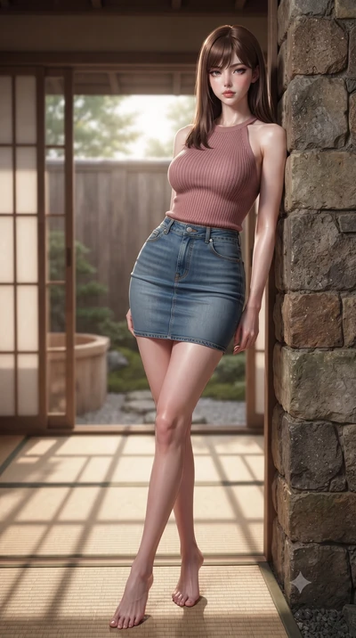 score_9, masterpiece, best quality, ultra-detailed, high-budget anime keyframe, editorial fashion photography, tasteful artistic composition, Korean woman woman. low angle full-body shot from head to toe showing her feet, filling the entire 9:16 vert