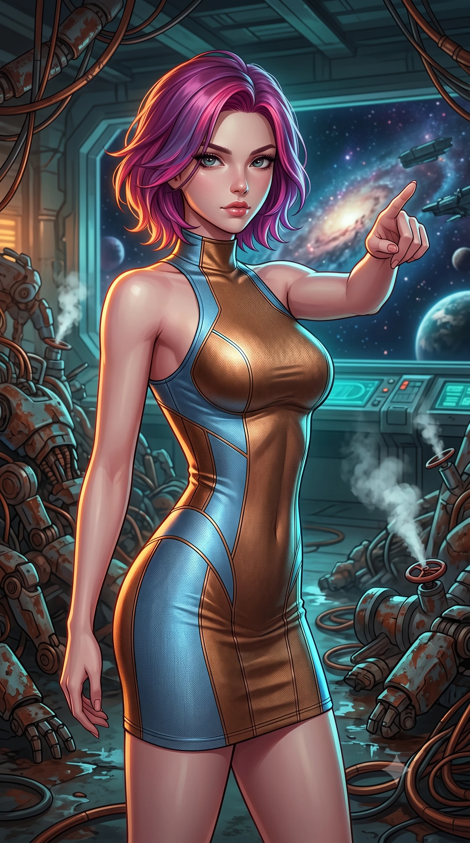 score_9, masterpiece, best quality, ultra-detailed, high-budget anime keyframe, editorial fashion photography, tasteful artistic composition, Caucasian woman, strictly human ears. close-up cowboy shot from the waist and thighs up, the character dominates the composition, filling the frame with her large presence, background elements kept in soft focus. Commanding the starship crew with a decisive gesture, pointing toward the galactic viewscreen. set against a soft-focus background of a mountain of rusted robotic limbs and copper wires in a damp industrial wasteland, steam venting from broken pressure valves. She has an exceptionally elegant and slender, willowy female figure with an ultra-slim waist, a gracefully sculpted slender torso, and a refined slim physique. sharp v-shaped jawline, high-bridge nose, intricate jewel-like eyes with depth, thick eyelashes, glossy lips with a natural sheen. wearing tailored for maximum mobility, sleek form-contouring panels that allow fluid movement, a tailored high-neck racer-back fitted dress in a metallic bronze and sky blue knit, highlighting her athletic shoulders and slender torso. highly saturated vibrant anime colors, intense vivid color palette, soft 3D volumetric shading, volumetric dynamic lighting, warm amber rim lighting combined with cool teal fill light creating dramatic contrast. 2k, ultra detail, master piece, 9:16 ratio