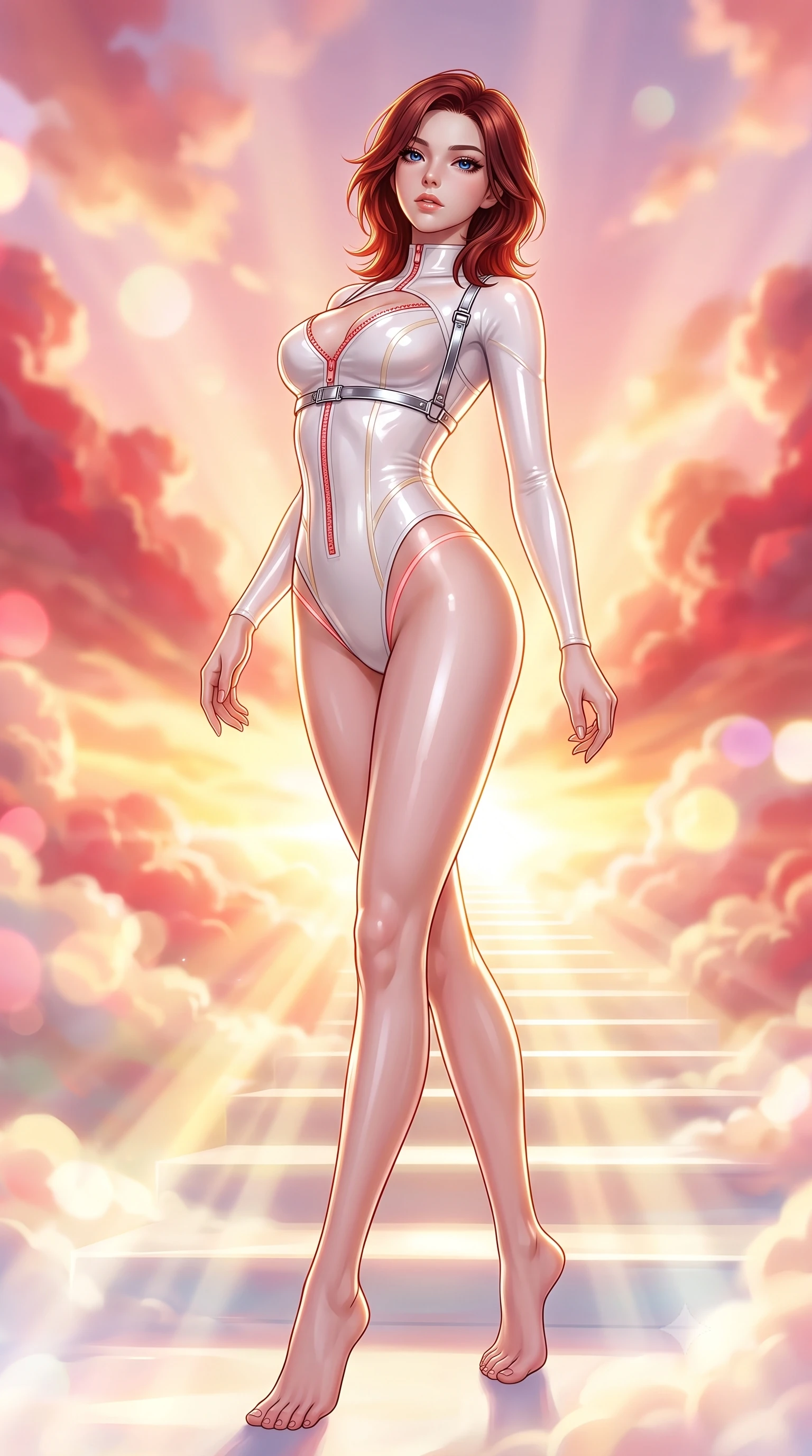 score_9, masterpiece, best quality, ultra-detailed, high-budget anime keyframe, semi-realistic 3D game render, editorial fashion photography, tasteful artistic composition, Korean woman. low angle full-body shot from head to toe showing her feet, filling the entire 9:16 vertical frame with her statuesque presence, stretching her vertical silhouette. arching her back in a fluid zero-gravity turn with sovereign grace, her long slender legs and sculpted torso creating a sweeping line while stepping along a luminous cloud-top staircase catching intense volumetric golden sunbeams as night turns to day. The composition keeps background elements in soft focus with creamy bokeh. billowing crimson, peach, and gold sunrise clouds blurred into radiant, luminous pastel bokeh. She has an absolutely perfect, statuesque 8.5-heads proportion, an exceptionally tall and slender model-like female figure with impossibly long slender legs, a toned flat midriff, and an ultra-slim waist. sharp v-shaped jawline, high-bridge nose, intricate jewel-like eyes with depth, thick eyelashes, glossy lips with a natural sheen, flawlessly proportioned anatomical accuracy, strict slender model proportions, natural body alignment, perfectly sculpted long slender limbs, ultra-slim waistline, clean dynamic posture without body distortion. wearing a glossy white second-skin latex bodysuit with high-thigh cuts, exposed clavicle neckline, and gleaming zipper details in radiant coral pink and champagne ivory, crafted from ultra-reflective second-skin latex with a high-gloss glass-like polish, reinforced by a sleek metallic chrome harness and delicate glowing micro-straps, the form-contouring material adhering flawlessly to her sculpted flat midriff and slender torso, emphasizing her long leg lines and perfectly proportioned willowy build. illuminated by crisp golden rim highlights sharply tracing her ultra-slim waist, long legs, and flat midriff. highly saturated vibrant anime colors, detailed shading with soft gradients, rich glossy textures, high-contrast stereoscopic depth, volumetric dynamic lighting, master piece, 9:16 ratio