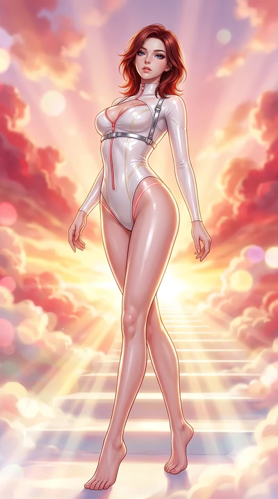 score_9, masterpiece, best quality, ultra-detailed, high-budget anime keyframe, semi-realistic 3D game render, editorial fashion photography, tasteful artistic composition, Korean woman. low angle full-body shot from head to toe showing her feet, fil