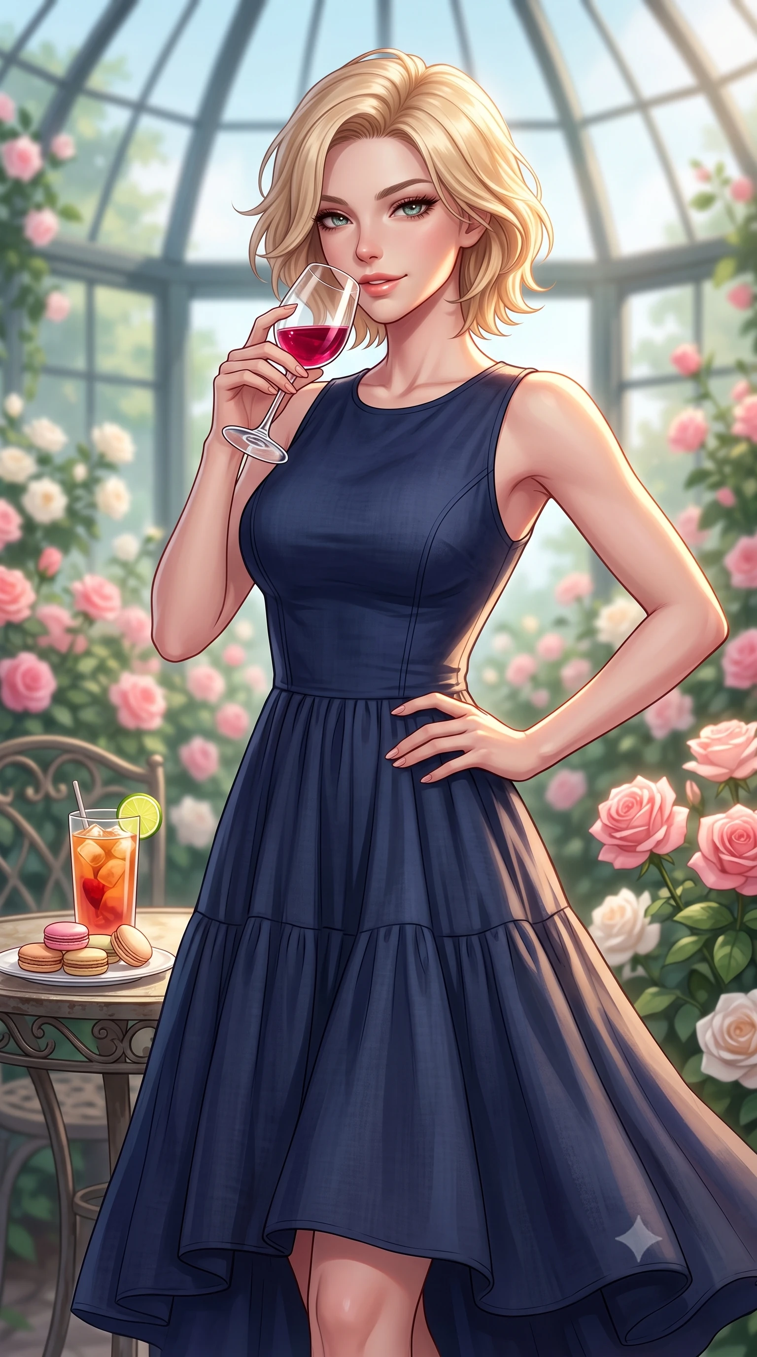 score_9, masterpiece, best quality, ultra-detailed, high-budget anime keyframe, editorial fashion photography, tasteful artistic composition, Caucasian woman. close-up cowboy shot from the waist and thighs up, the character dominates the composition, filling the frame with her large presence, background elements kept in soft focus. resting one hand on her ultra-slim waist while holding a crystal wine glass near her lips with an alluring smile set against a soft-focus background of inside an exclusive rose conservatory with a glass of iced fruit tea and delicate macaron pastries arranged on the table. She has an exceptionally elegant, slender, and willowy female figure with an ultra-slim waist, a gracefully sculpted slender torso, and a refined silhouette. sharp v-shaped jawline, high-bridge nose, intricate jewel-like eyes with depth, thick eyelashes, glossy lips with a natural sheen. wearing tailored midnight navy soft linen flowy linen sundress with a comfortable tiered skirt silhouette featuring refined tailored seams. accented by a single dramatic key light highlighting her statuesque posture and slim waist. highly saturated vibrant anime colors, detailed shading with soft gradients, rich glossy textures, high-contrast stereoscopic depth, volumetric dynamic lighting, master piece, 9:16 ratio