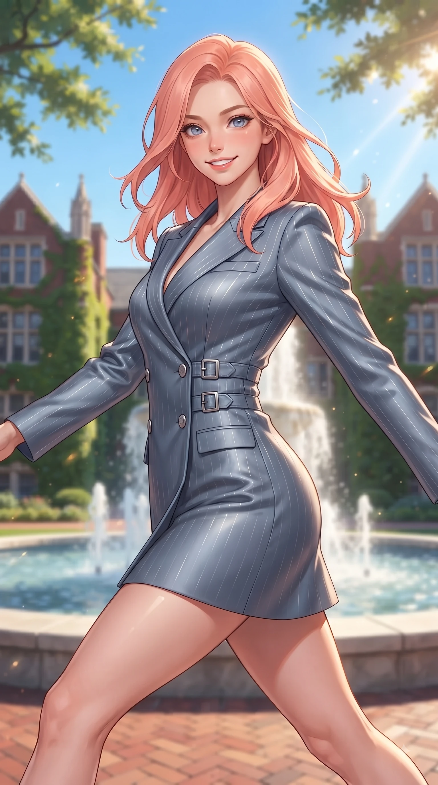 score_9, masterpiece, best quality, ultra-detailed, high-budget anime keyframe, editorial fashion photography, tasteful artistic composition, Japanese woman. close-up cowboy shot from the waist and thighs up, the character dominates the composition, filling the frame with her large presence, background elements kept in soft focus. Gazing directly into the camera with a fresh, infectious smile as her torso curves dynamically in mid-stride while leaping playfully with pure youthful energy near a grand campus fountain under a clear blue sky, red-brick Gothic university architecture covered in green ivy reflecting warm sunbeams. She has an exceptionally elegant, slender, and willowy female figure with an ultra-slim waist, a gracefully sculpted slender torso, and a refined silhouette. sharp v-shaped jawline, high-bridge nose, intricate jewel-like eyes with depth, thick eyelashes, glossy lips with a natural sheen, flawlessly proportioned anatomical accuracy, natural body alignment, perfectly sculpted elegant limbs, clean dynamic posture without body distortion. wearing a double-breasted blazer dress with subtle metallic pin-stripes in slate blue and metallic silver, crafted from smooth liquid silk, detailed with polished silver buckles along the waistline, the form-contouring material highlighting her ultra-slim waist and long lines. bathed in brilliant sunny morning light filtering through oak tree canopies. ultra-reflective glossy finish, specular highlights, metallic sheen, high-contrast stereoscopic depth, volumetric dynamic lighting, 2k, ultra detail, master piece, 9:16 ratio