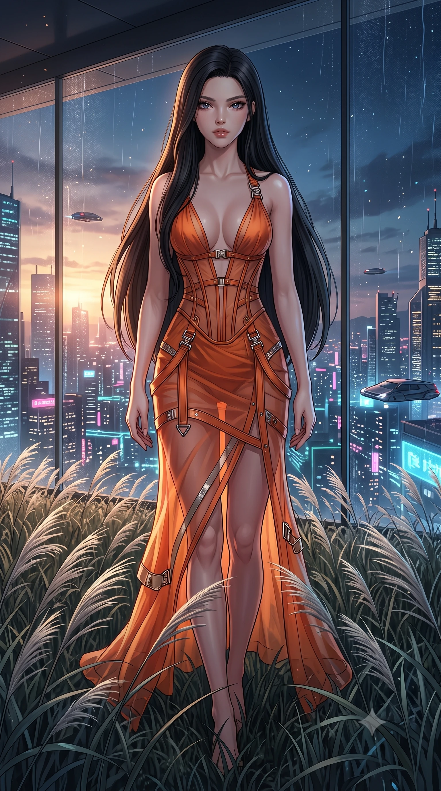score_9, masterpiece, best quality, ultra-detailed, High-budget Anime Keyframe, East Asian woman. Low angle cowboy shot filling the entire 9:16 frame with her statuesque presence. Scenario 544: walking through a field of tall silver grass at a luxury penthouse with floor-to-ceiling glass walls overlooking a neon grid. Her presence is magnetic and overpowering in this high-budget anime scene. Outfit 544: a slim-fit sunset orange sheer organza corset dress with a dramatic backless design and metallic buckles. The clothing is designed to emphasize her exceptionally tall and slender 8-heads proportion. 8-heads proportion, towering silhouette, ultra-slim waist. sharp v-shaped jawline, intricate jewel-like eyes with depth, thick eyelashes, glossy lips. 2k, ultra detail, master piece, 9:16 ratio