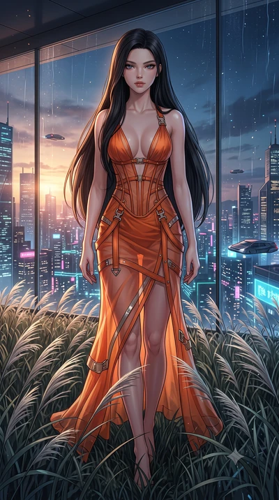 score_9, masterpiece, best quality, ultra-detailed, High-budget Anime Keyframe, East Asian woman. Low angle cowboy shot filling the entire 9:16 frame with her statuesque presence. Scenario 544: walking through a field of tall silver grass at a luxury