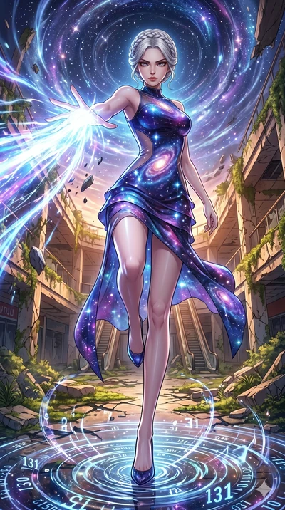 score_9, masterpiece, best quality, ultra-detailed, Set A: High-budget Anime Keyframe, Korean woman. Low angle cowboy shot filling the entire 9:16 frame with her statuesque presence. Theme: Historical Remix. unleashing a massive energy wave in a ruin