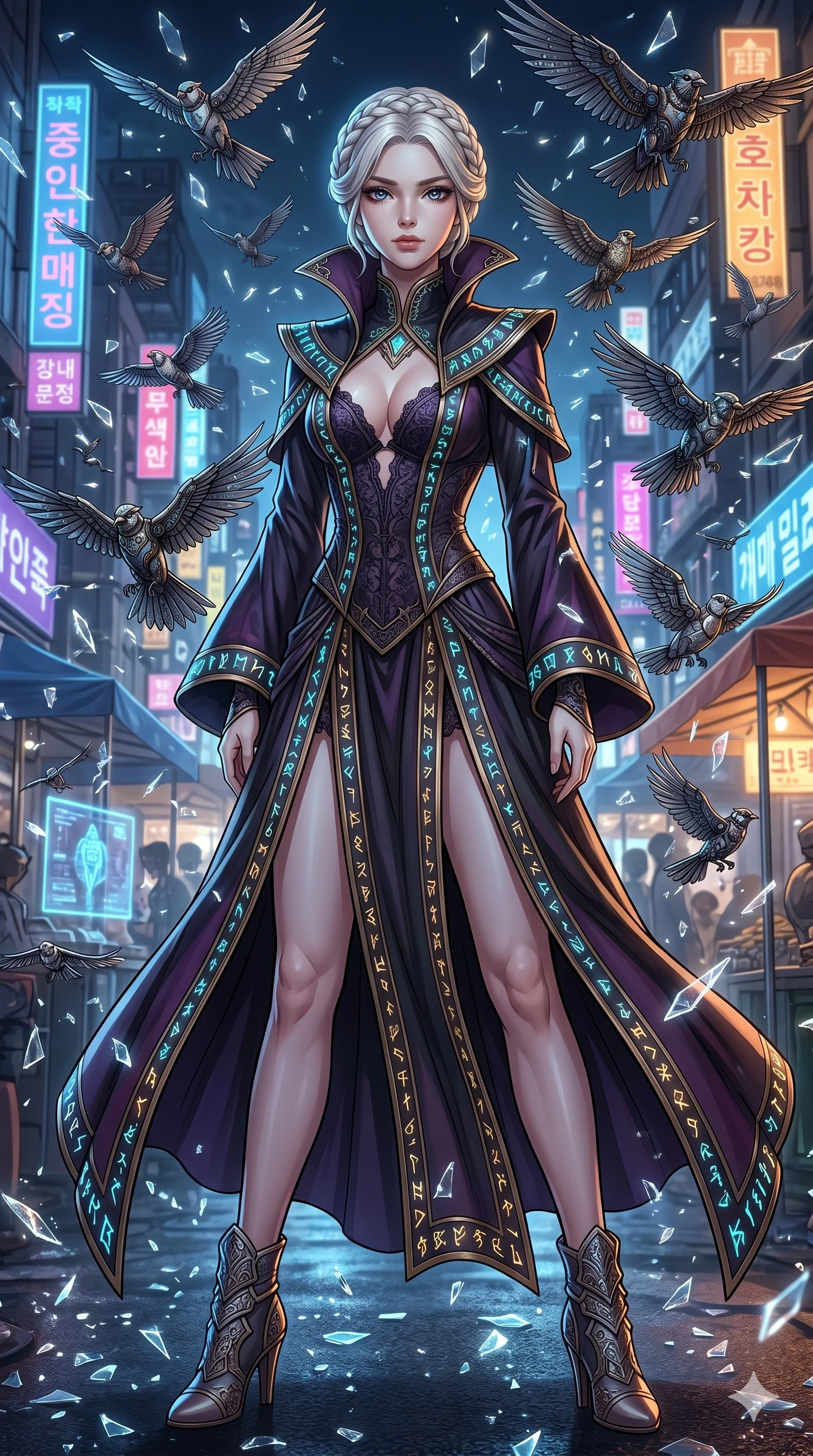 score_9, masterpiece, best quality, ultra-detailed, Set A: High-budget Anime Keyframe, Korean woman. Low angle cowboy shot filling the entire 9:16 frame with her statuesque presence. Standing victoriously through a futuristic night market, surrounded by a whirlwind of 172 mechanical birds and surrounded by shattered glass fragments. She has an absolutely perfect 8-heads proportion, an exceptionally tall and slender female figure with impossibly long slender legs and an ultra-slim waist. Sharp v-shaped jawline, high-bridge nose, intricate jewel-like eyes with depth, thick eyelashes, glossy lips with a natural sheen. Wearing Dark sorceress robes with glowing runes and a deep-cut lace corset. Cinematic lighting, vibrant colors, dramatic shadows, 2k, ultra detail, master piece, 9:16 ratio