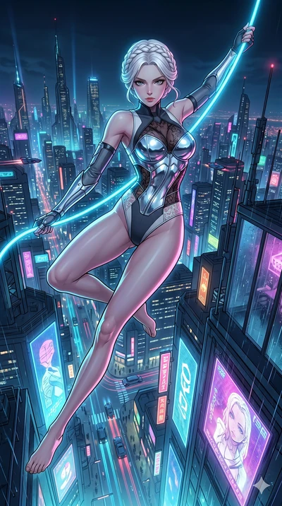 score_9, masterpiece, best quality, ultra-detailed, high-budget anime movie keyframe, cinematic anime lighting, intricate line art, Caucasian (strictly human ears) woman. Low angle cowboy shot capturing a powerful motion and statuesque presence. swin