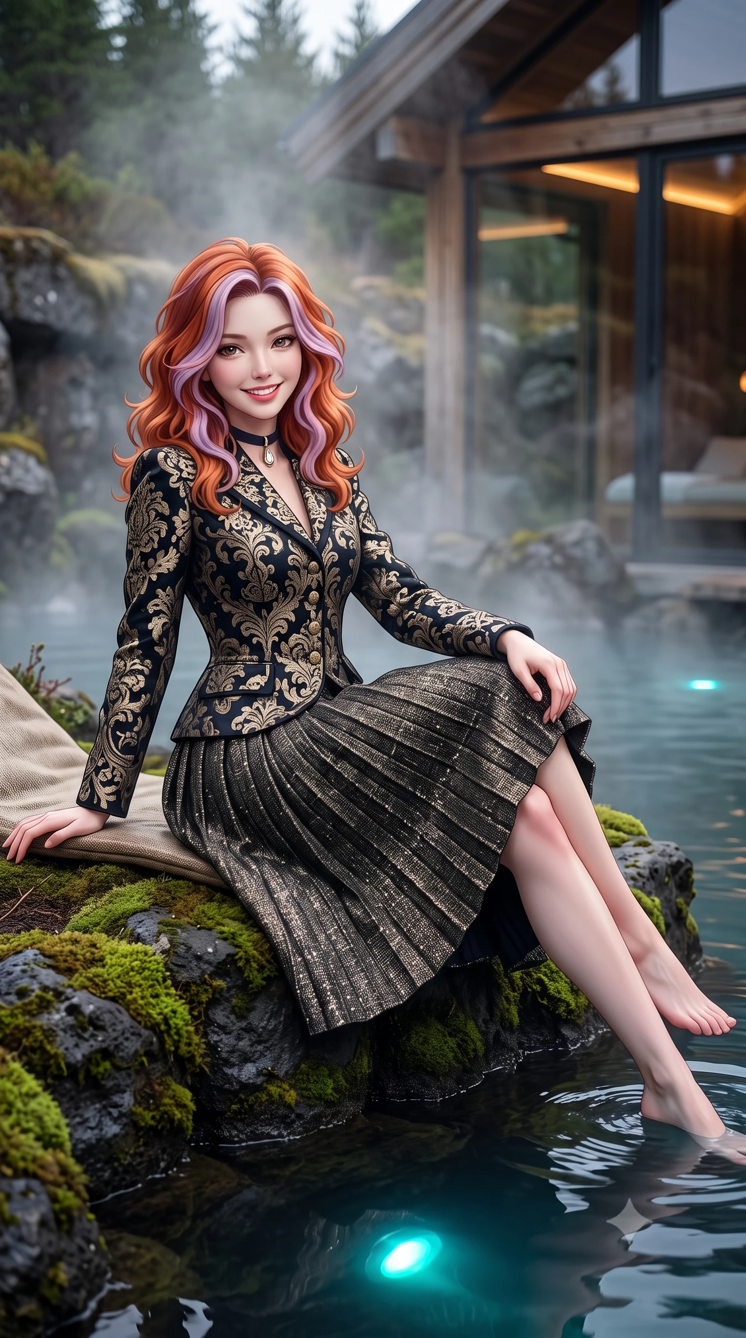 score_9, masterpiece, best quality, ultra-detailed, high-budget anime keyframe, editorial fashion photography, tasteful artistic composition, Caucasian woman. close-up cowboy shot from the waist and thighs up, the character dominates the composition, filling the frame with her large presence. perched sideways on the lounge seat, one knee drawn up to showcase her slender leg line while her arched back accentuates her feminine hip curve while lounging in the warm geothermal water propped on the mossy lava rim with legs extended, her statuesque 8.5-heads silhouette commanding the sanctuary. The background shows a soft-focus rising mineral silica steam softened in ultra-luxury Nordic wellness sanctuary shallow focus. She has an exceptionally elegant, slender, and willowy female figure with an ultra-slim waist, flat toned midriff, narrow ribcage, and sculpted feminine hips creating an alluring, slim hourglass silhouette without bulk. sharp v-shaped jawline, high-bridge nose, intricate jewel-like sparkling eyes with depth, thick eyelashes, glossy parted lips with a natural peach sheen, bright cheerful beaming smile with an enchanting and coquettish sensual glint, exuding both youthful cute charm and seductive allure, flawlessly proportioned anatomical accuracy, strict slender model proportions, natural body alignment, perfectly sculpted long slender limbs, ultra-slim waistline, clean dynamic posture without body distortion. wearing a structured Seville damask brocade riding jacket paired with an A-line accordion pleated midi skirt in deep midnight obsidian black and champagne gold, woven from structured British tweed with subtle metallic flecks, finished with a thin velvet ribbon choker and a single teardrop diamond pendant, the impeccably tailored cut draping gracefully along her slender figure with aristocratic poise. bathed in underwater pool turquoise-cyan LEDs combined with soft warm 2700K interior cove lighting through glass. ultra-reflective glossy finish, specular highlights, rich textural contrasts, high-contrast stereoscopic depth, volumetric dynamic lighting, 2k, ultra detail, master piece, 9:16 ratio