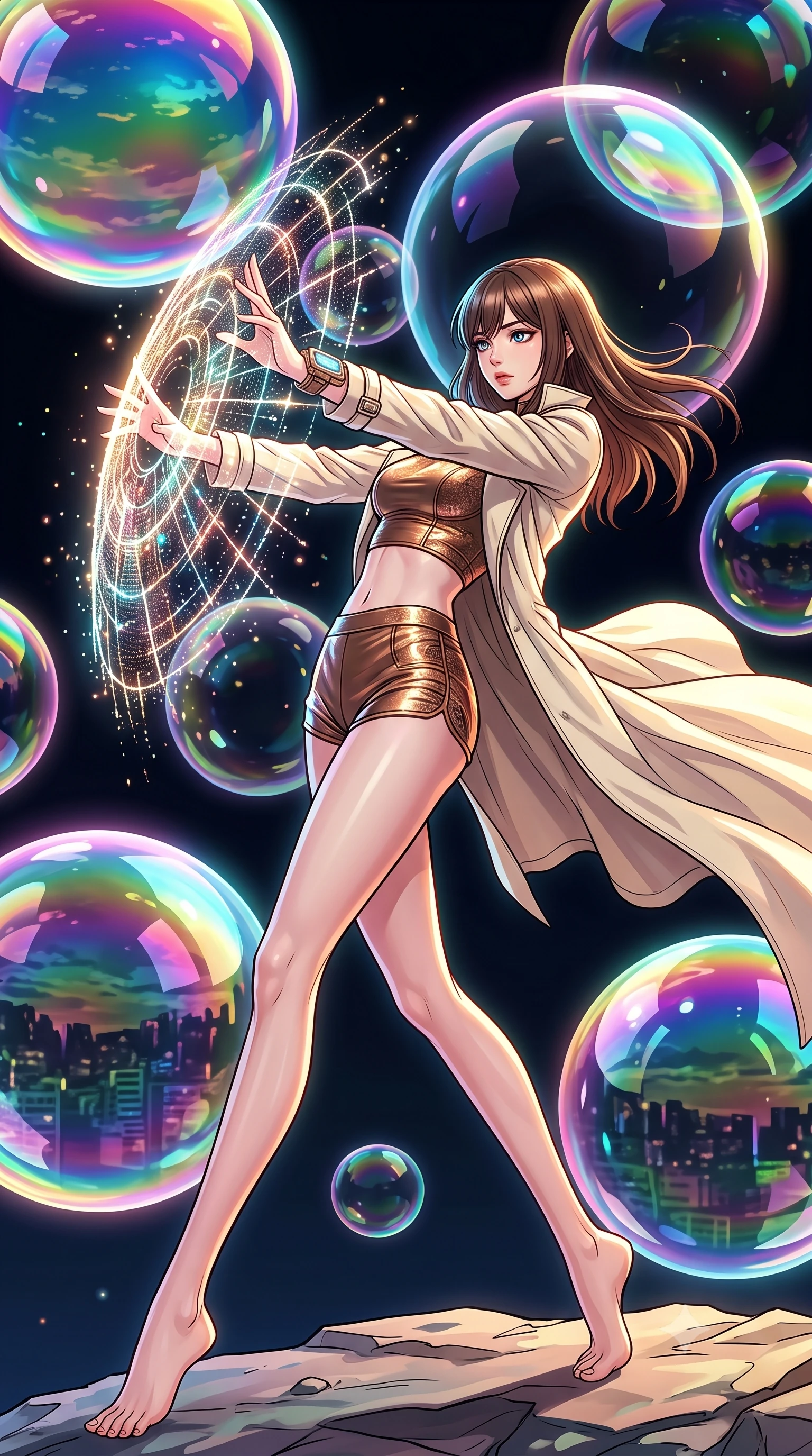 score_9, masterpiece, best quality, ultra-detailed, high-budget anime keyframe, clean line-art, cel-shading, Korean woman. low angle full-body shot from head to toe showing her feet, filling the entire 9:16 vertical frame with her statuesque presence, stretching her vertical silhouette. dodging backward with feline agility while casting an energy barrier through a dark abyss filled with giant floating soap bubbles, each bubble mirroring a distorted rainbow sky on its surface. She has a statuesque 8.5-heads proportion, an exceptionally tall, slender and willowy model-like build with impossibly long legs and a highly sculpted ultra-slim waist. sharp v-shaped jawline, high-bridge nose, intricate jewel-like eyes with depth, thick eyelashes, glossy lips with a natural sheen. wearing catching and diffusing the glowing particles, shimmering softly in response to the surrounding light, a body-hugging metallic bronze crop top paired with high-waisted matching micro-shorts, under a flowing cream trench coat. soft glowing ambient light with sharp side key light tracing the sleek contours of her figure. highly saturated vibrant anime colors, intense vivid color palette, volumetric dynamic lighting, 2k, ultra detail, master piece, 9:16 ratio
