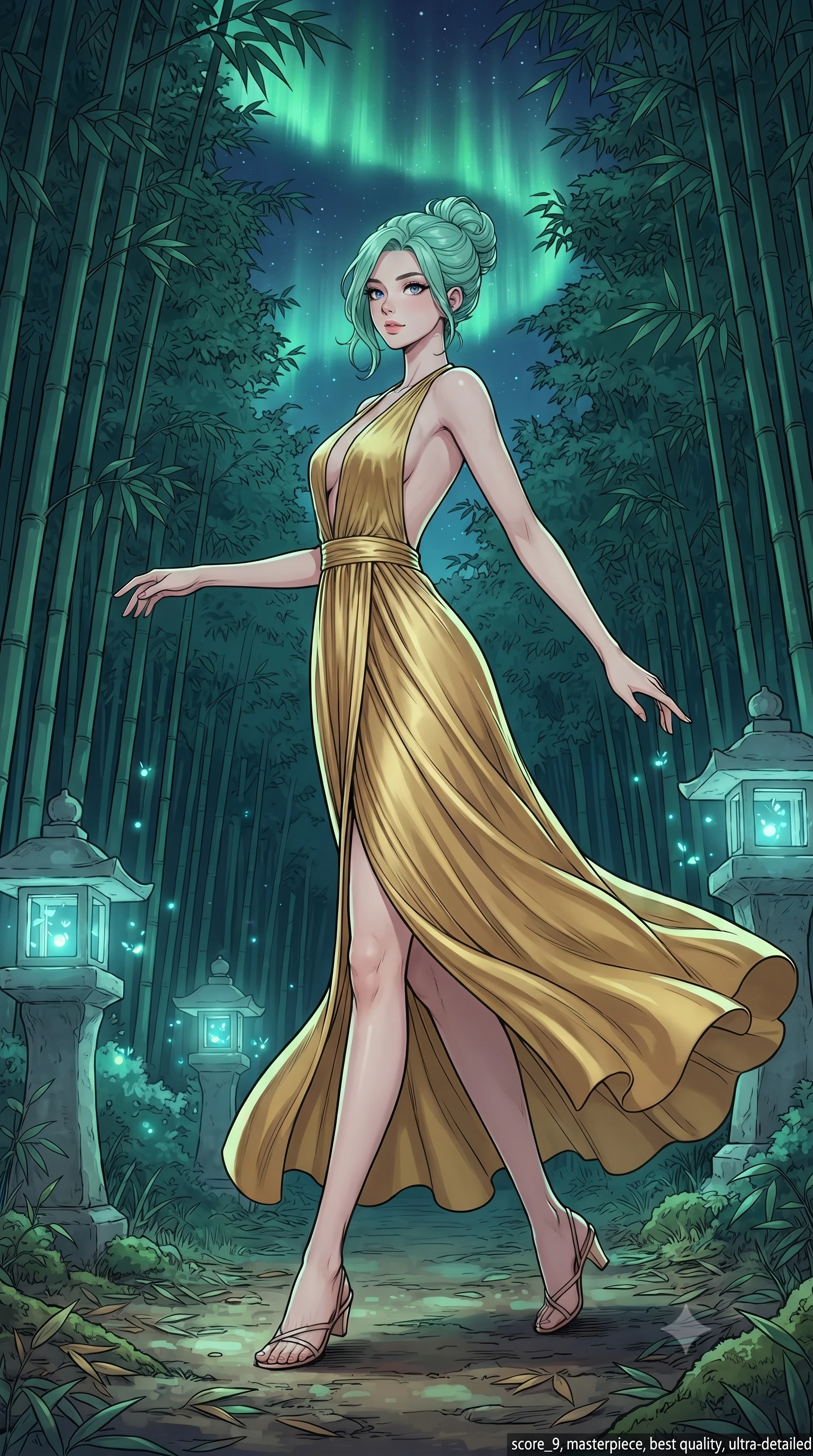 score_9, masterpiece, best quality, ultra-detailed, high-budget anime keyframe, gorgeous anime illustration, with clean line-art and distinct ink outlines, Japanese woman. low angle full-body shot from head to toe showing her feet, filling the entire 9:16 vertical frame with her statuesque presence, stretching her vertical silhouette. twirling with balletic elegance inside walking along a path in a bamboo forest at night, illuminated by stone lanterns containing glowing blue fireflies, a green aurora borealis visible through the bamboo canopy. She has a statuesque 8.5-heads proportion, an exceptionally tall, slender and willowy model-like build with impossibly long legs and a highly sculpted ultra-slim waist. sharp v-shaped jawline, high-bridge nose, intricate jewel-like eyes with depth, thick eyelashes, glossy lips with a natural sheen. wearing a deep plunging V-neck maxi dress in liquid gold jersey with a bold open-back design. cool green aurora light from above combined with soft blue-green light from the firefly lanterns. 2k, ultra detail, master piece, 9:16 ratio, vibrant anime color palette, detailed cel-shading with soft gradients, rich contrast, dynamic lighting, 2d animation style