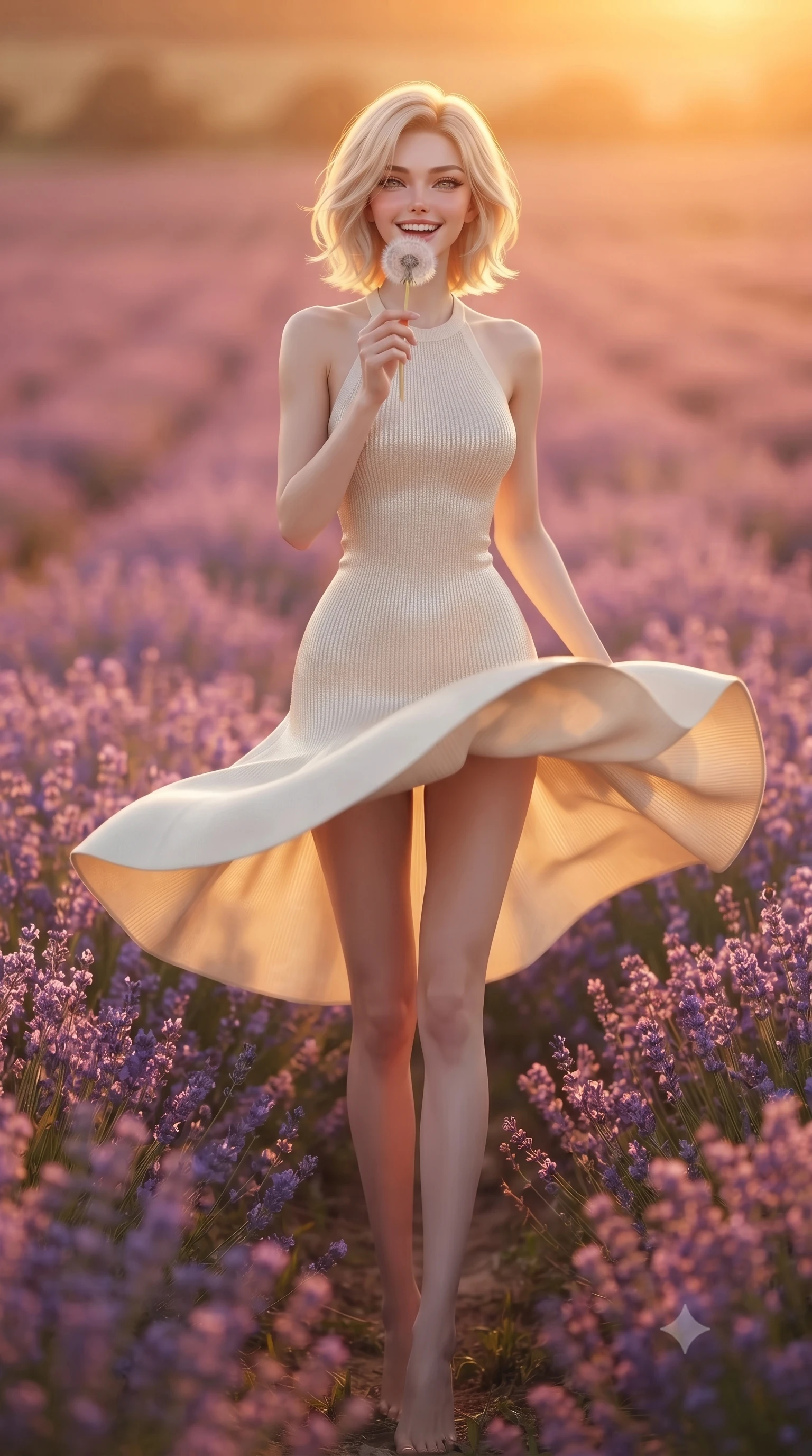 score_9, masterpiece, best quality, ultra-detailed, high-budget anime keyframe, editorial fashion photography, tasteful artistic composition, Caucasian woman. low angle full-body shot from head to toe showing her feet, filling the entire 9:16 vertical frame with her statuesque presence, stretching her vertical silhouette. twirling around with a playful, cute laugh, her skirt billowing beautifully in the air set against a soft-focus background of surrounded by a beautiful purple meadow of blooming wild lavender holding a fluffy dandelion clock, ready to blow the seeds with a cute smile. She has an absolutely perfect, statuesque 8.5-heads proportion, an exceptionally tall and slender model-like female figure with impossibly long slender legs and an ultra-slim waist. sharp v-shaped jawline, high-bridge nose, intricate jewel-like eyes with depth, thick eyelashes, glossy lips with a natural sheen. wearing tailored sleek, tight-fitting knit halter dress in cream, tracing her slender silhouette. golden hour sunset light casting a warm, romantic orange glow over the field. ultra-reflective glossy finish, specular highlights, metallic sheen, high-contrast stereoscopic depth, volumetric dynamic lighting, 2k, ultra detail, master piece, 9:16 ratio