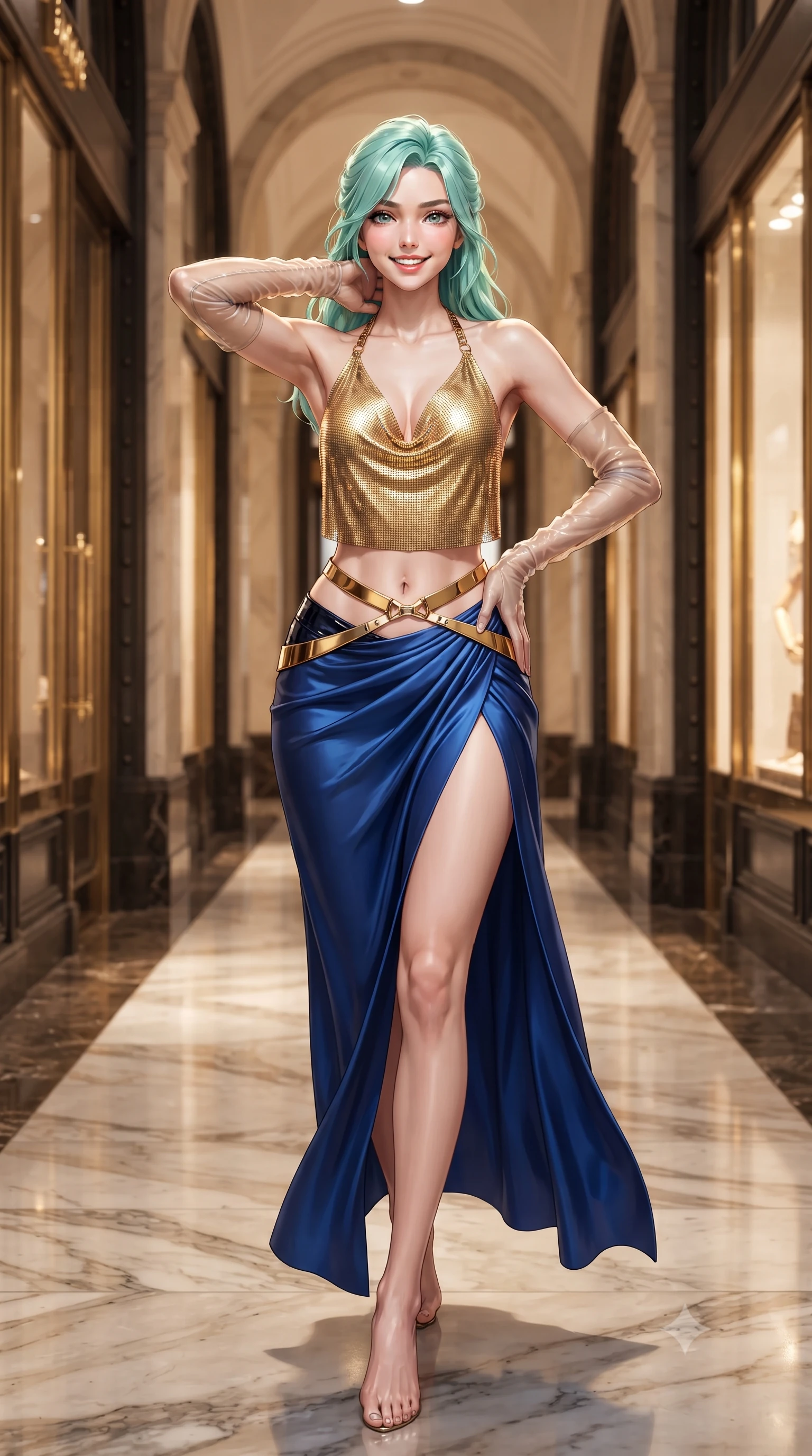 score_9, masterpiece, best quality, ultra-detailed, high-budget anime keyframe, editorial fashion photography, tasteful artistic composition, Japanese woman. close-up cowboy shot from the waist and thighs up, the character dominates the composition, filling the frame with her large presence. resting both hands lightly behind her neck with elbows raised, arching her spine to highlight her narrow waist, flat midriff, and breathtaking collarbones while striding down the polished marble corridor with tall model strides, one hand on her cinched hip as her tailored blazer dress sways. The surrounding environment is rendered in vivid detail and crisp panoramic clarity: sharp marble mosaic tile tesserae, polished brass storefront trim, and cast-iron arch rivets in deep focus. She has an exceptionally elegant, slender, and willowy female figure with an ultra-slim waist, flat toned midriff, narrow ribcage, and sculpted feminine hips creating an alluring, slim hourglass silhouette without bulk. sharp v-shaped jawline, high-bridge nose, intricate jewel-like sparkling eyes with depth, thick eyelashes, glossy parted lips with a natural peach sheen, bright cheerful beaming smile with an enchanting and coquettish sensual glint, exuding both youthful cute charm and seductive allure, flawlessly proportioned anatomical accuracy, strict slender model proportions, natural body alignment, perfectly sculpted long slender limbs, ultra-slim waistline, clean dynamic posture without body distortion. wearing a shimmering liquid gold chainmail halter cowl top paired with a draped high-slit silk maxi skirt and waist harness in Burj Arabian royal sapphire blue and molten gold, crafted from high-tensile reflective patent leather with sleek specular highlights, complemented by sheer opera-length evening gloves tracing her slender arms, the form-contouring silhouette accentuating her sculpted flat midriff, narrow delicate ribcage, and gracefully curvy hips with intoxicating allure. bathed in warm 3000K incandescent archway floodlights and glittering luxury storefront vitrine illumination. ultra-reflective glossy finish, specular highlights, rich textural contrasts, high-contrast stereoscopic depth, volumetric dynamic lighting, 2k, ultra detail, master piece, 9:16 ratio