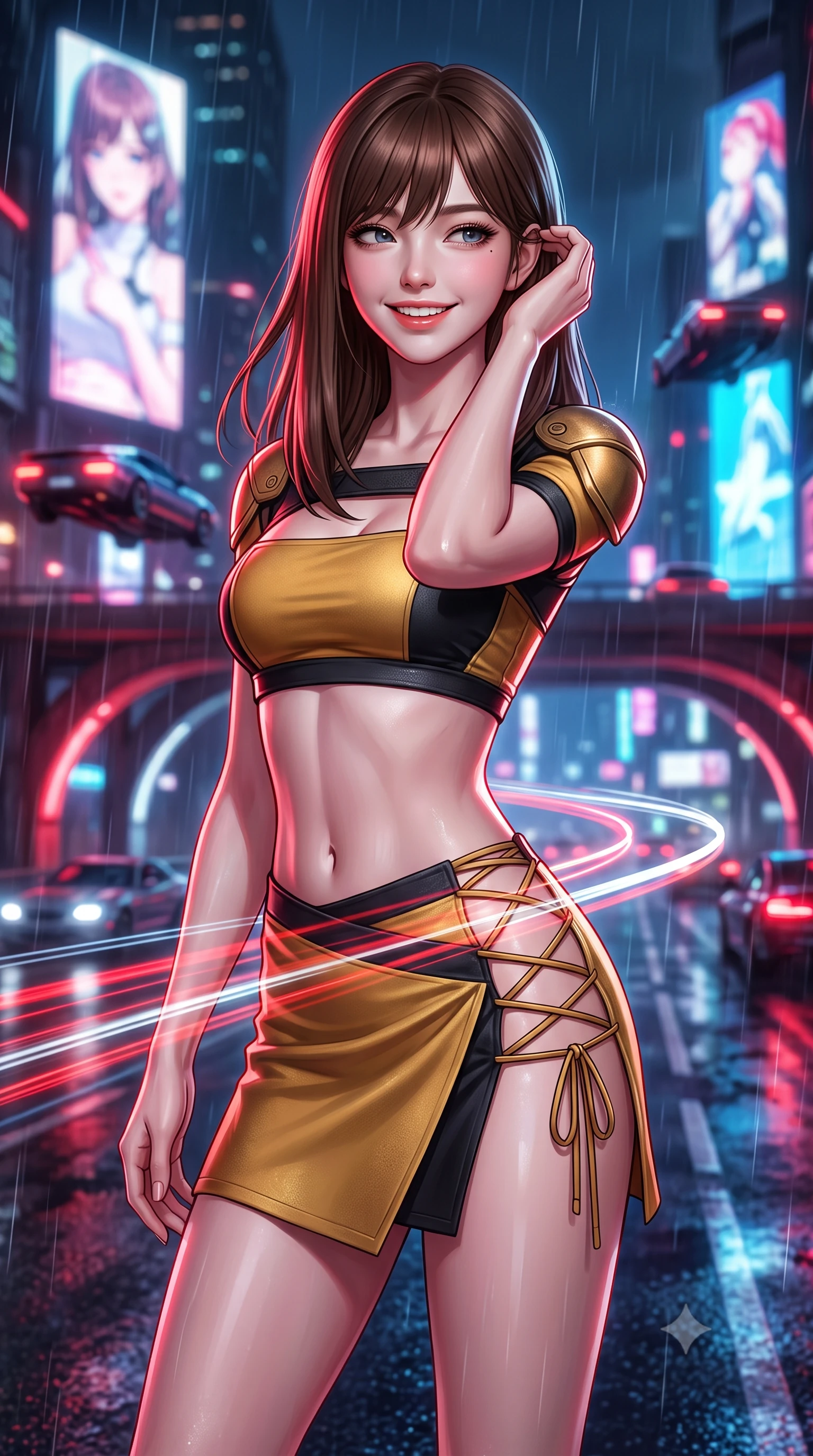 score_9, masterpiece, best quality, ultra-detailed, high-budget anime keyframe, semi-realistic 3D game render, editorial fashion photography, tasteful artistic composition, Korean woman. close-up cowboy shot from the waist and thighs up, the character dominates the composition, filling the frame with her large presence. gently brushing a lock of hair behind her ear while casting a playful, flirtatious side-gaze with long eyelashes while twisting her slender torso in an alluring contrapposto stance, long red and white aerocar light trails creating streaks of brilliance across her narrow waist and hips. The background shows a soft-focus streaks of multi-tiered flying car headlights, massive 3D anime holographic billboards, and rain-slicked highway arches blurred into ruby, white, and electric blue bokeh. She has an exceptionally elegant, slender, and willowy female figure with an ultra-slim waist, flat toned midriff, narrow ribcage, and sculpted feminine hips creating an alluring, slim hourglass silhouette without bulk. sharp v-shaped jawline, high-bridge nose, intricate jewel-like sparkling eyes with depth, thick eyelashes, glossy parted lips with a natural peach sheen, bright cheerful beaming smile with an enchanting and coquettish sensual glint, exuding both youthful cute charm and seductive allure, flawlessly proportioned anatomical accuracy, strict slender model proportions, natural body alignment, perfectly sculpted long slender limbs, ultra-slim waistline, clean dynamic posture without body distortion. wearing an ultra-cropped tactical tech-wear bandeau top with molded shoulder armor paired with a micro mini skirt revealing her flat toned midriff in singularity accretion gold and space void onyx, crafted from bespoke double-faced cashmere with an exceptionally soft tactile finish, featuring fine criss-cross lace-up side ties revealing tantalizing glimpses of her hip curve, the high-slit wrap tailoring accentuating her ultra-slim waistline and the enchanting curve of her feminine hips with alluring seductive charm. illuminated by wet concrete reflection bounce and sharp ruby-white rim lights sculpting her jawline, narrow waist, and curvy hips. highly saturated vibrant anime colors, detailed shading with soft gradients, rich glossy textures, high-contrast stereoscopic depth, volumetric dynamic lighting, master piece, 9:16 ratio