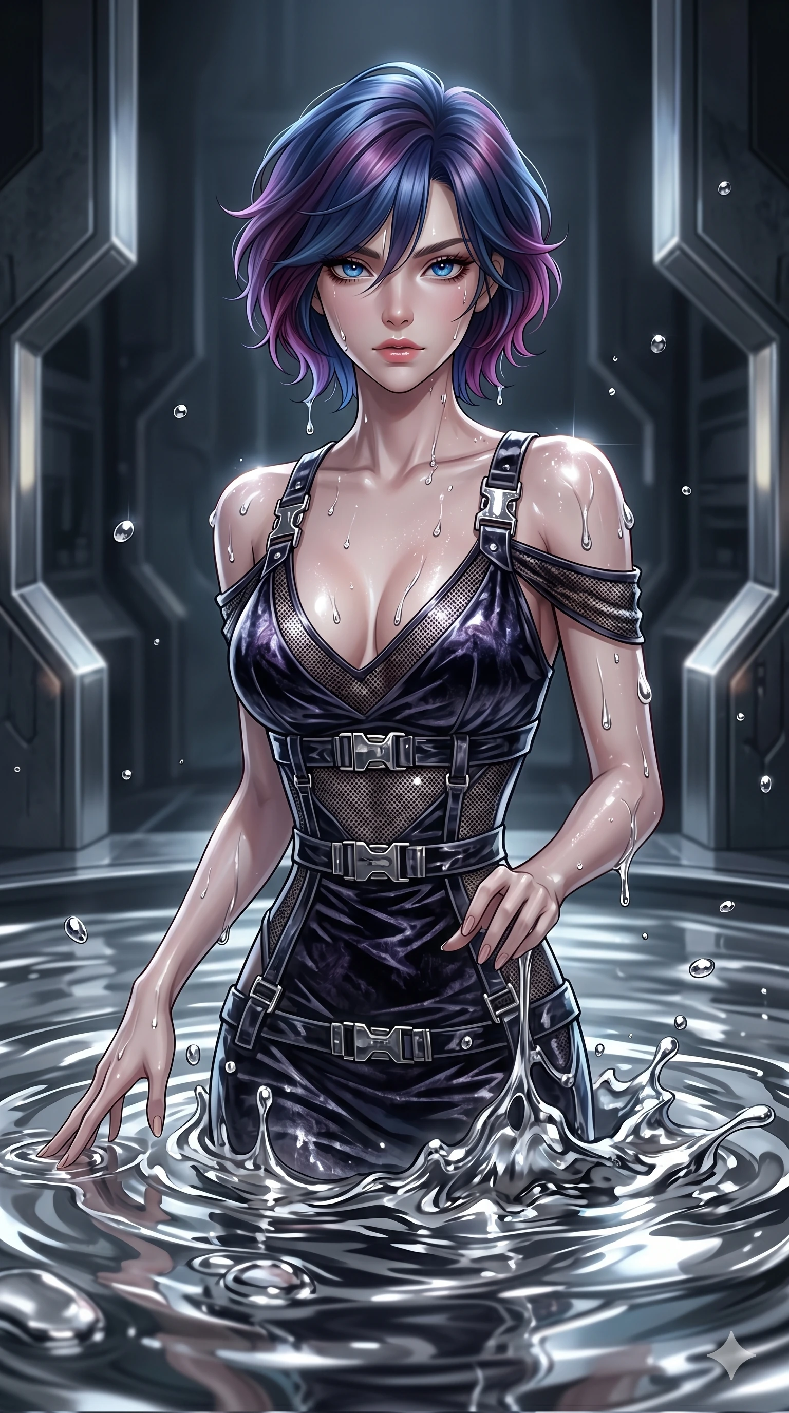 score_9, masterpiece, best quality, ultra-detailed, High-budget Anime Keyframe, East Asian woman. Dynamic full-body shot stretching the vertical silhouette to the limit. Scenario 204: Rising from a pool of mercury-like liquid, droplets rolling off her skin. Her presence is magnetic and overpowering in this high-budget anime scene. Outfit 204: A crushed dark velvet micro-mesh with a low-cut shoulder and metallic buckles. The clothing is designed to emphasize her exceptionally tall and slender 8-heads proportion. 8-heads proportion, towering silhouette, ultra-slim waist. sharp v-shaped jawline, intricate jewel-like eyes with depth, thick eyelashes, glossy lips. 2k, ultra detail, master piece, 9:16 ratio