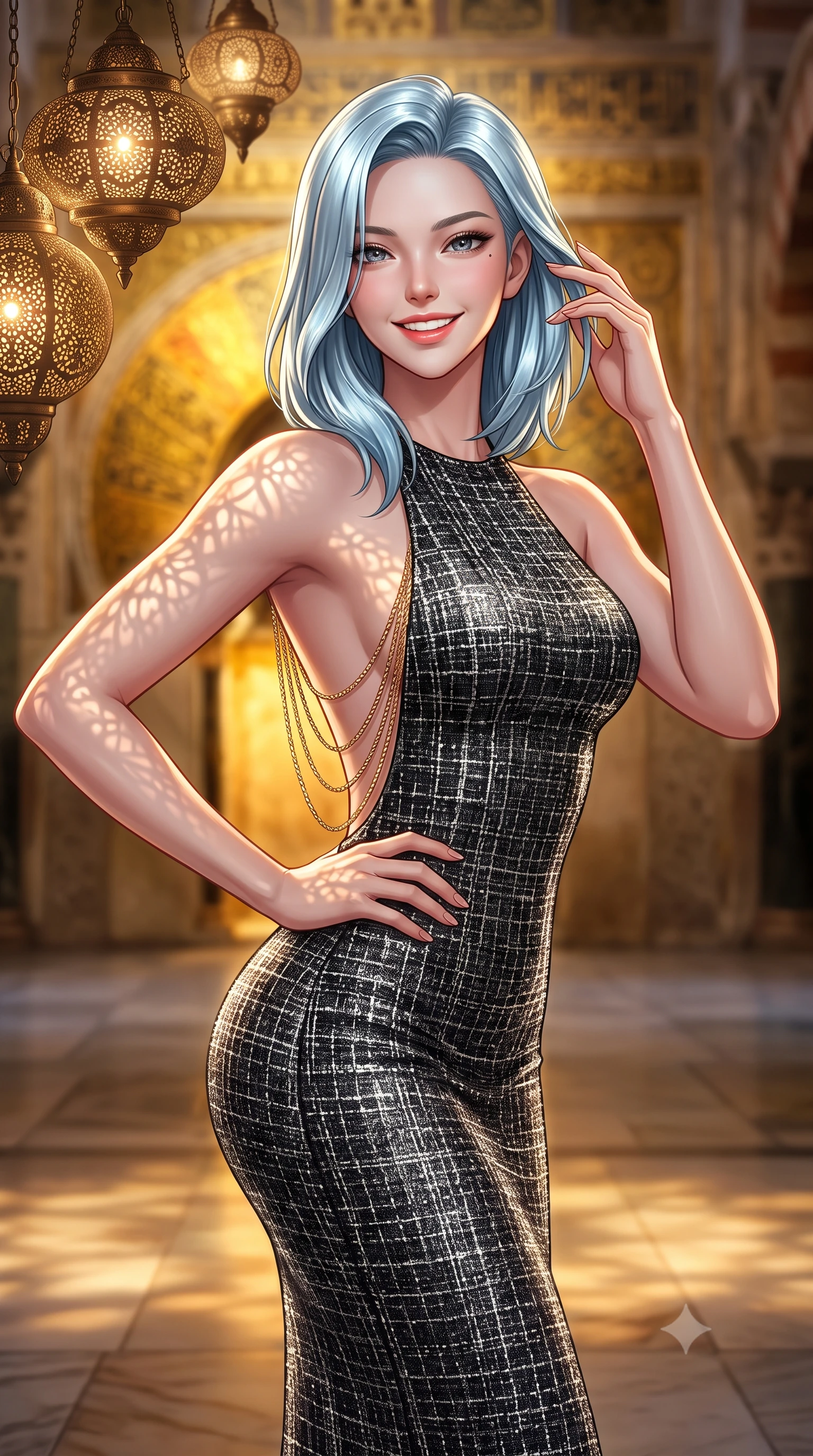 score_9, masterpiece, best quality, ultra-detailed, high-budget anime keyframe, semi-realistic 3D game render, editorial fashion photography, tasteful artistic composition, Korean woman. close-up cowboy shot from the waist and thighs up, the character dominates the composition, filling the frame with her large presence. twisting her slender torso in an alluring contrapposto stance, one hand resting on her sculpted hip while her fingers toy with her hair with effortless poise while twisting her slender torso in an alluring S-curve, hanging pierced bronze oil lamps casting lace-like shadow patterns across her flat midriff and hips. The background shows a soft-focus distant mihrab gold mosaic radiance softened in historic Andalusian cathedral-mosque shallow focus. She has an exceptionally elegant, slender, and willowy female figure with an ultra-slim waist, flat toned midriff, narrow ribcage, and sculpted feminine hips creating an alluring, slim hourglass silhouette without bulk. sharp v-shaped jawline, high-bridge nose, intricate jewel-like sparkling eyes with depth, thick eyelashes, glossy parted lips with a natural peach sheen, bright cheerful beaming smile with an enchanting and coquettish sensual glint, exuding both youthful cute charm and seductive allure, flawlessly proportioned anatomical accuracy, strict slender model proportions, natural body alignment, perfectly sculpted long slender limbs, ultra-slim waistline, clean dynamic posture without body distortion. wearing a sculpted metallic lurex knit column dress clinging smoothly to her curves with radiant shimmer in Vik black sand obsidian and glacier crystal silver, woven from structured British tweed with subtle metallic flecks, accented with an open-back drape framed by falling strands of delicate gold chains, the second-skin tailored fabric adhering flawlessly to her sculpted flat midriff and slender torso, emphasizing her long leg lines and perfectly proportioned willowy build. illuminated by polished stone floor bounce and sharp flame-gold rim lights defining her dewy collarbones, ultra-slim waist, and curvy hips. highly saturated vibrant anime colors, detailed shading with soft gradients, rich glossy textures, high-contrast stereoscopic depth, volumetric dynamic lighting, master piece, 9:16 ratio