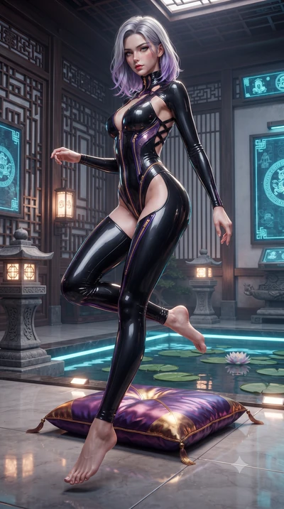 score_9, masterpiece, best quality, ultra-detailed, high-budget anime keyframe, editorial fashion photography, tasteful artistic composition, Caucasian woman. low angle full-body shot from head to toe showing her feet, filling the entire 9:16 vertica